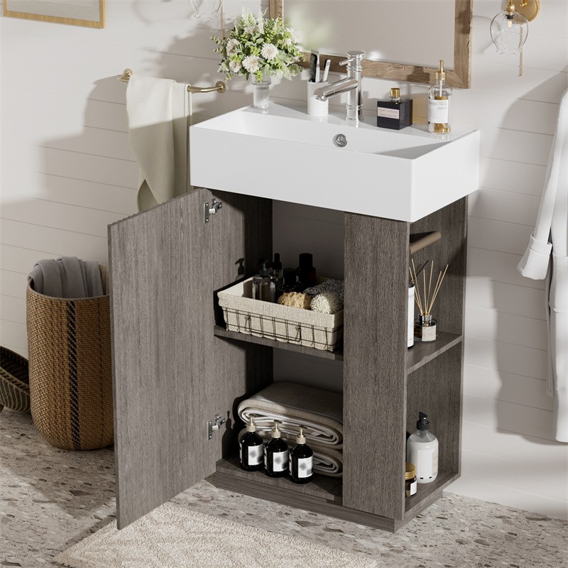 21.6″ Bathroom Vanity with Single Sink,Freestanding Left Door Wood Grain Cabinet