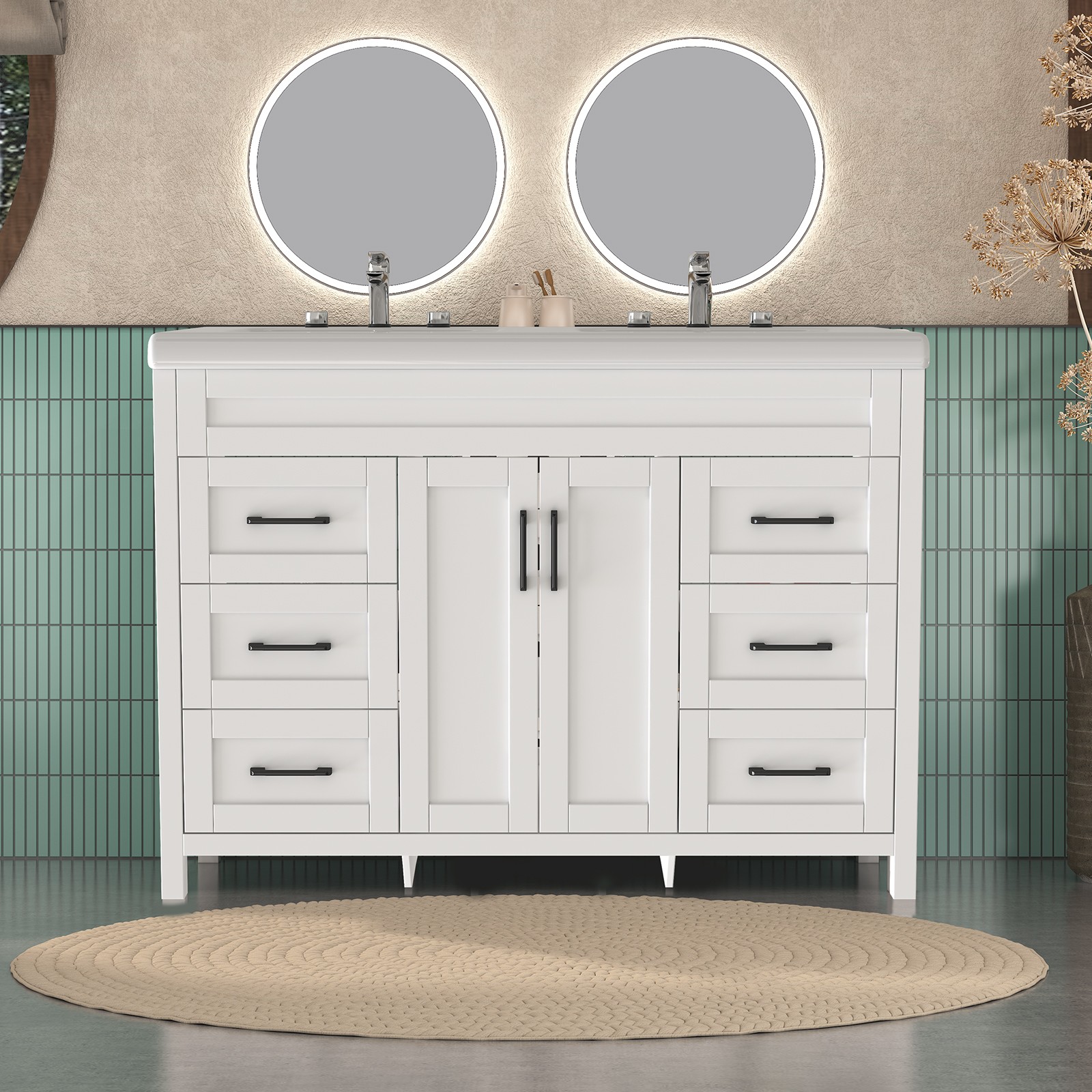 47″ Bathroom Double Sink Vanity Cabinet Ceramic Vessel Sink 6-Drawer Cabinet
