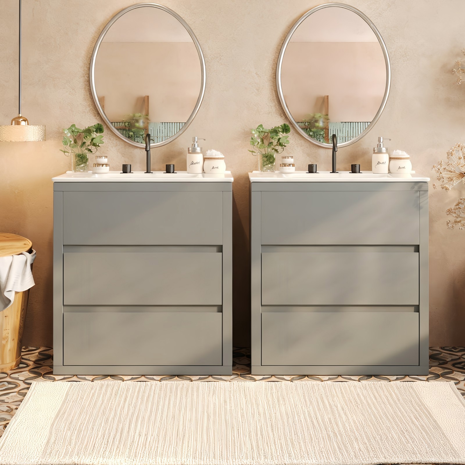 60″ Double Sink Bathroom Vanity Set,Bathroom Cabinet w/2 Separate Ceramic Sinks