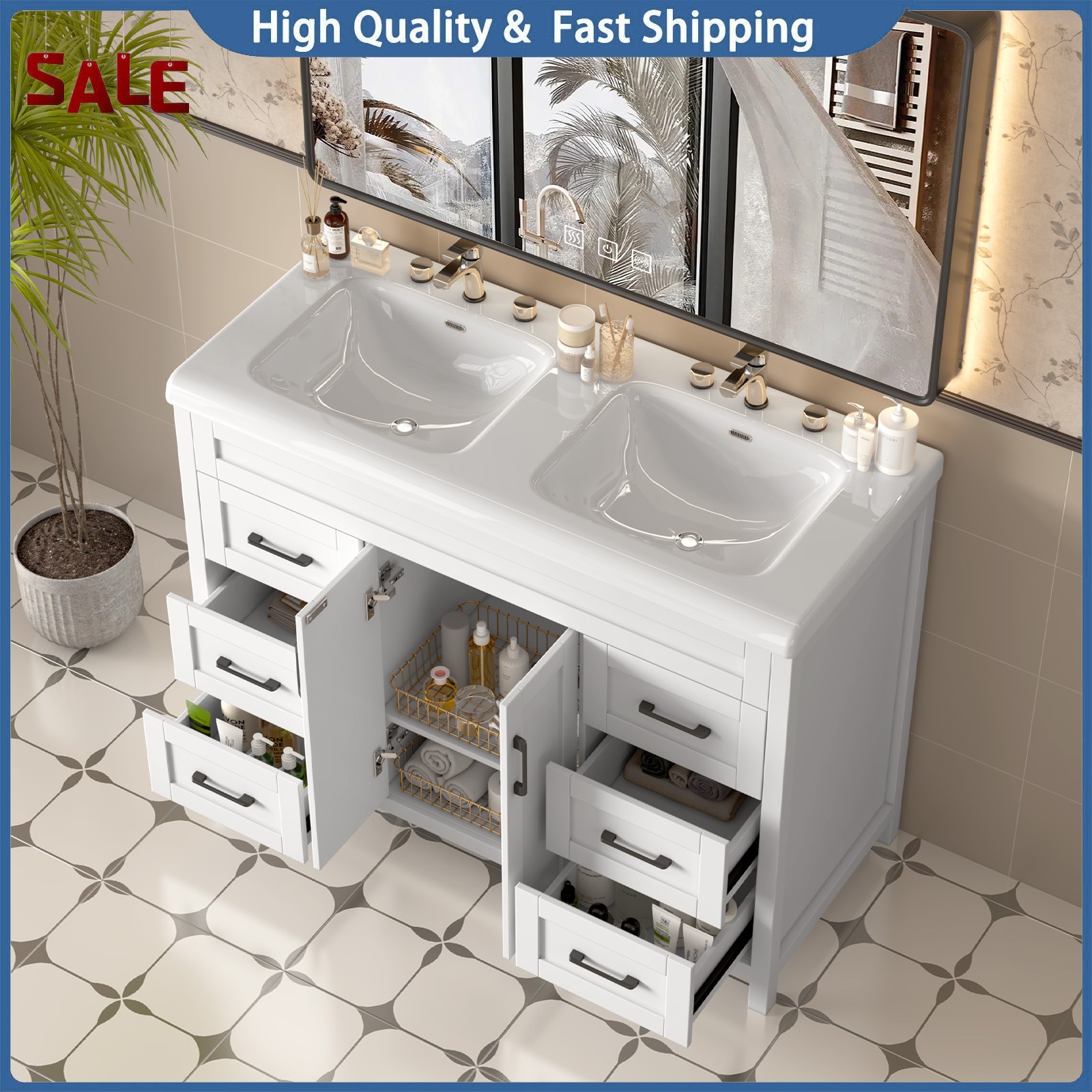 Double Ceramic Sinks Freestanding Drawer Cabinet Modern 47 Inch Bathroom Vanity