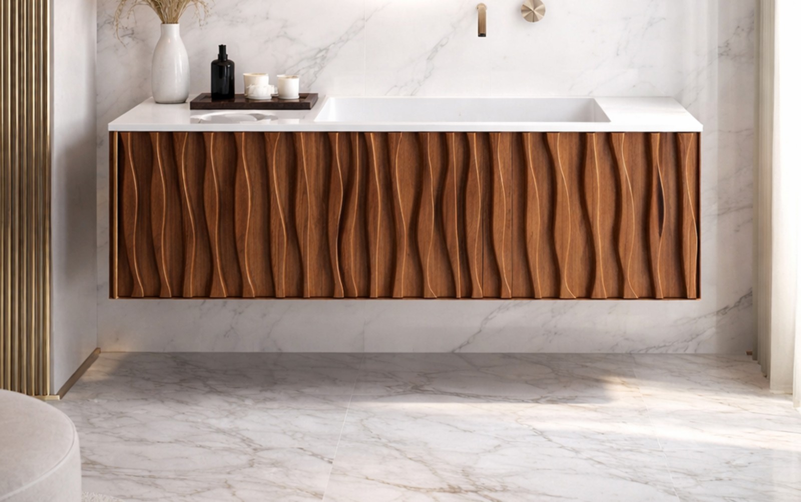 Luxury Floating Bathroom Vanity & LED Round Mirror Set — Sculpted Wood Front