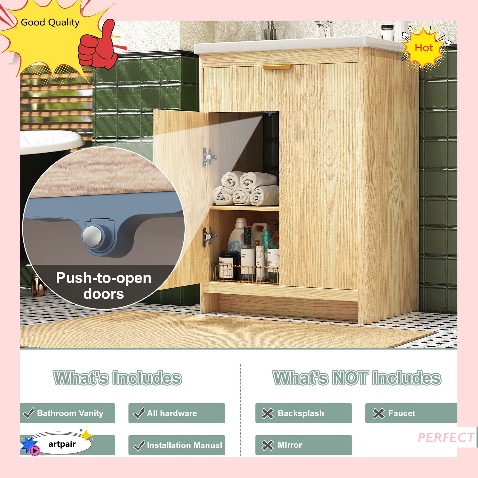 23.6″ Bathroom Wood Vanity &Ceramic Sink,Freestanding Storage Cabinet Vanity NEW
