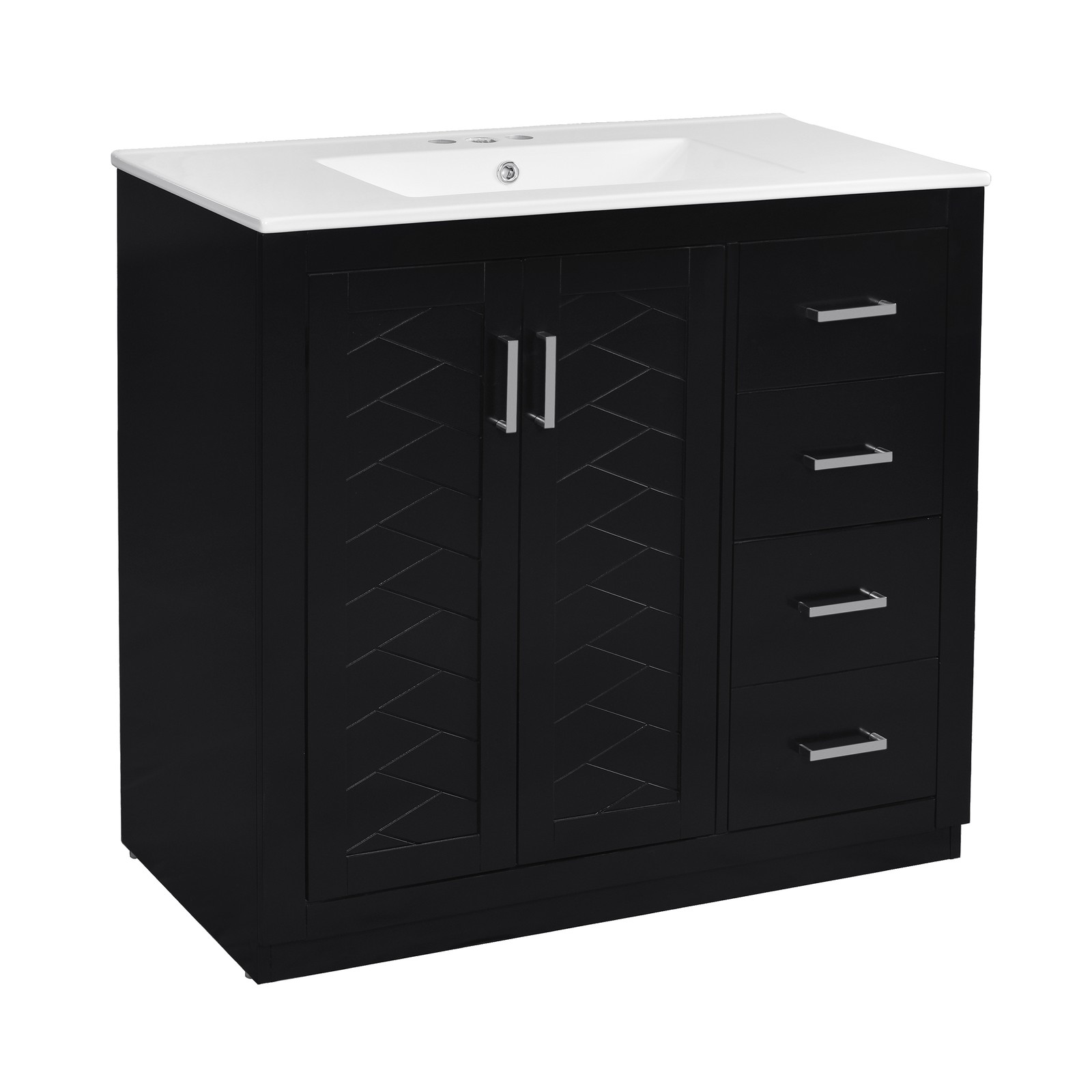36″ Bathroom Vanity with Ceramic Sink, Solid Wood Frame, 3 Drawers, Black