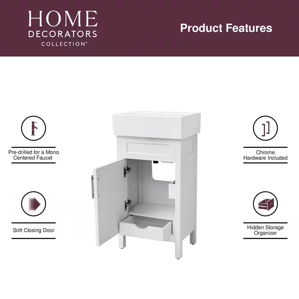 Arvesen 18 In. Single Sink Compact Bath Vanity in White with White Ceramic Top