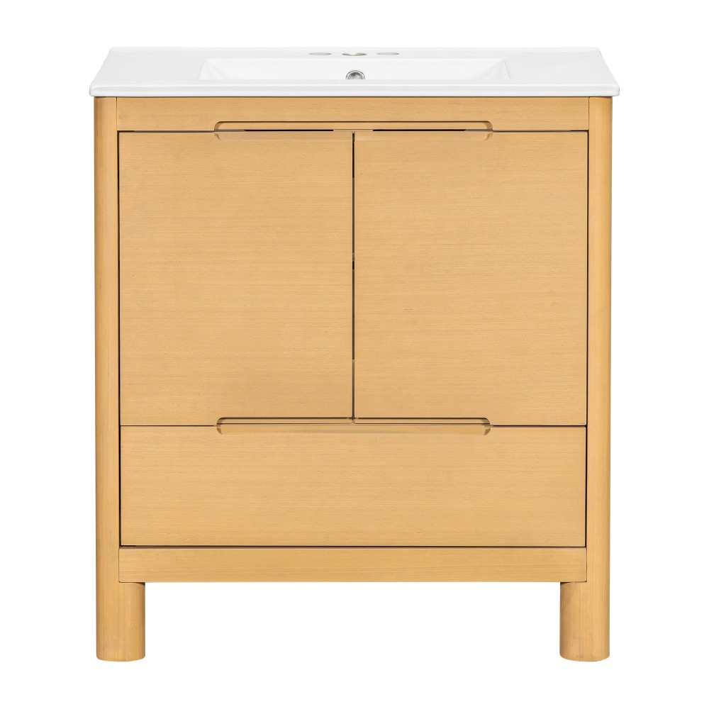 30″ Softened Modern Bathroom Vanity with Ceramic Sink, Natural Wood Grain