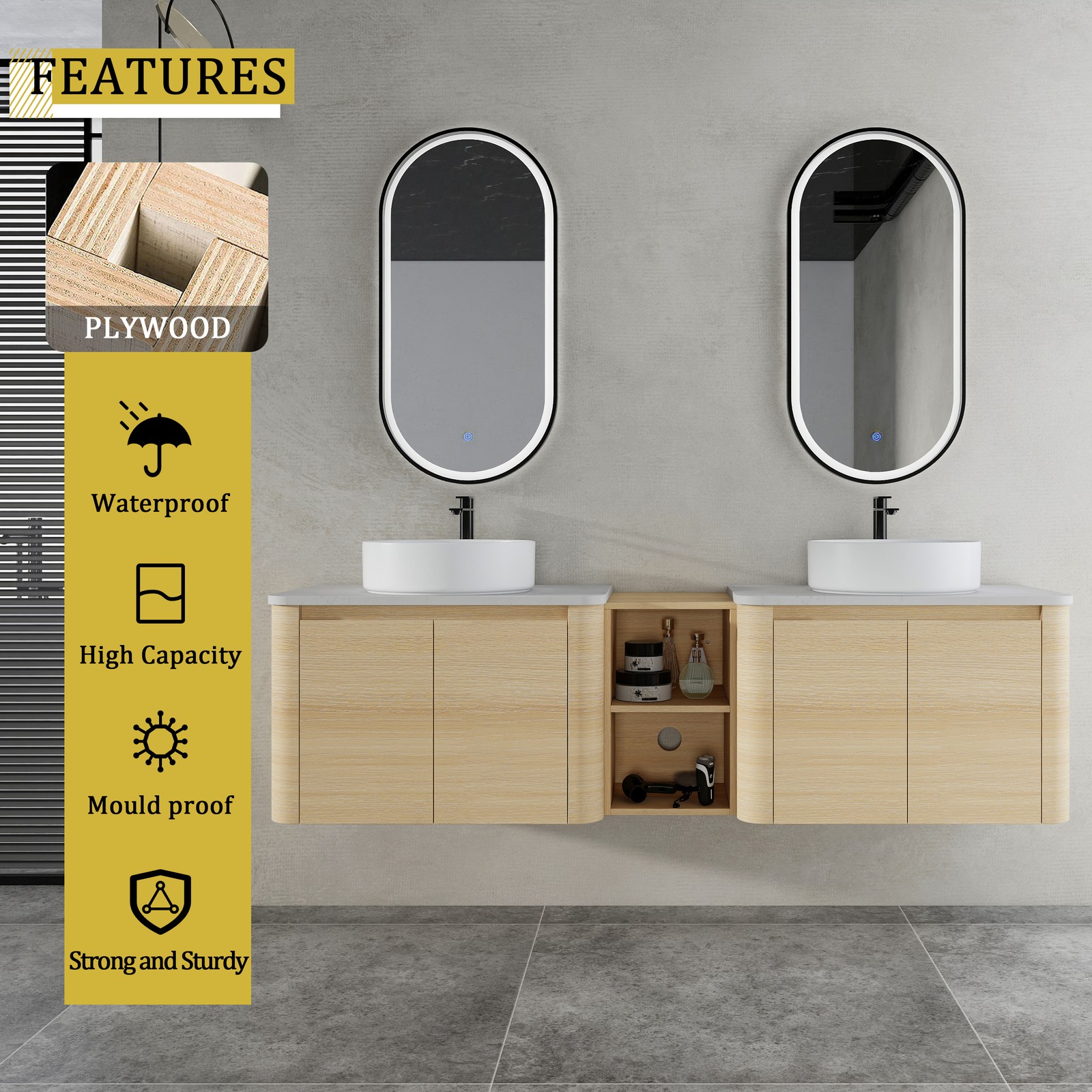 72″ Floating Bathroom Vanity W/ 2 White Ceramic Sink Stone Slab Top+Open Shelves