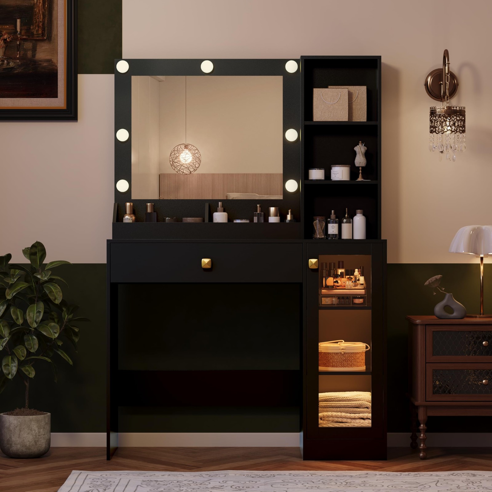 34in Makeup Vanity with Mirror Lights Charging Station 3 Color Lighting Modes