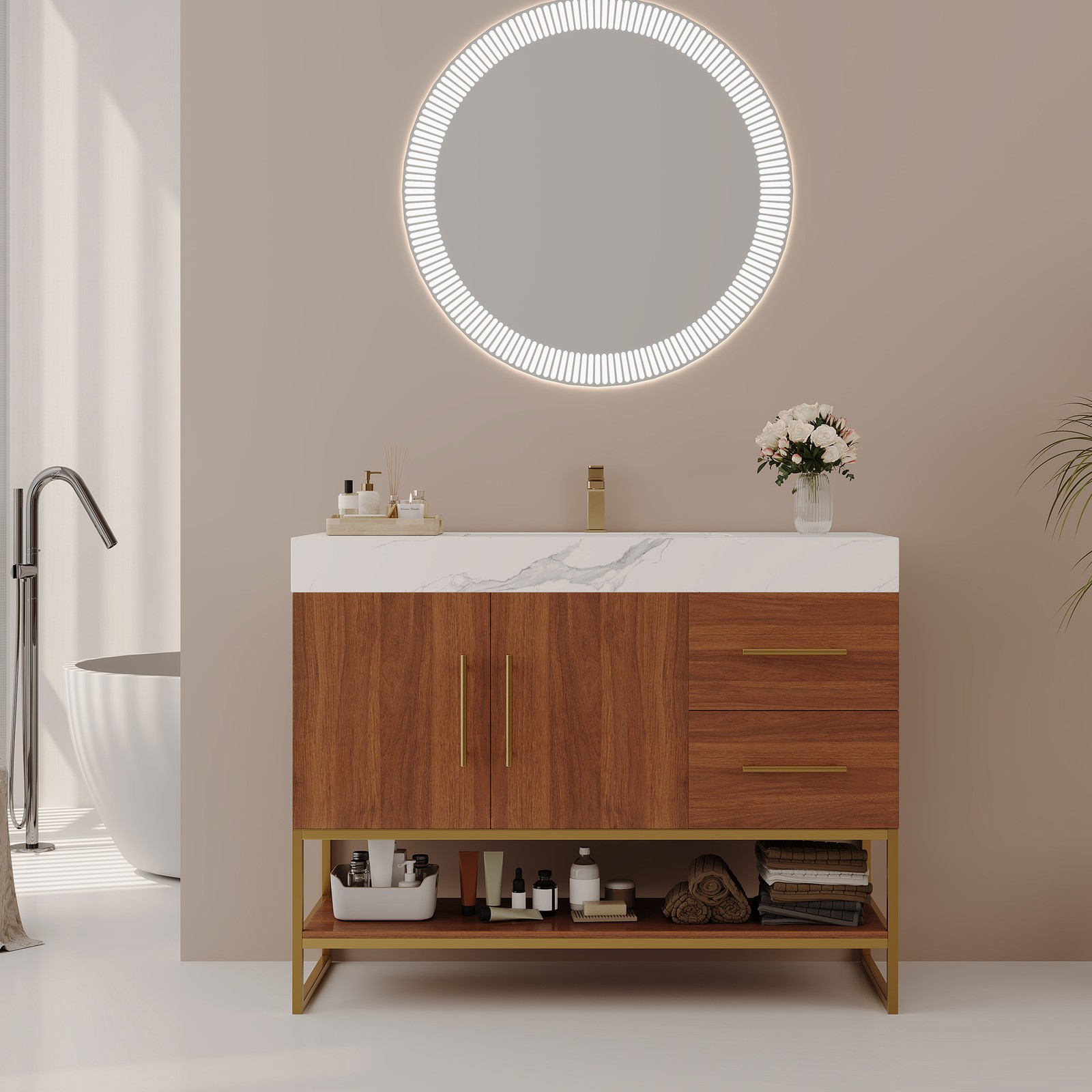 36″ Bathroom Vanity with Ceramic Sink & Stone Top, Gold Walnut White