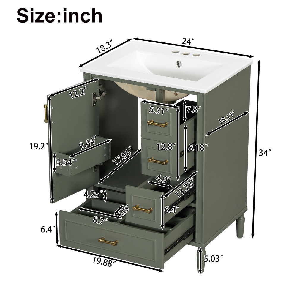 24″ Modern Bathroom Vanity with Ceramic Sink, Soft-Close Door, 3 Drawers