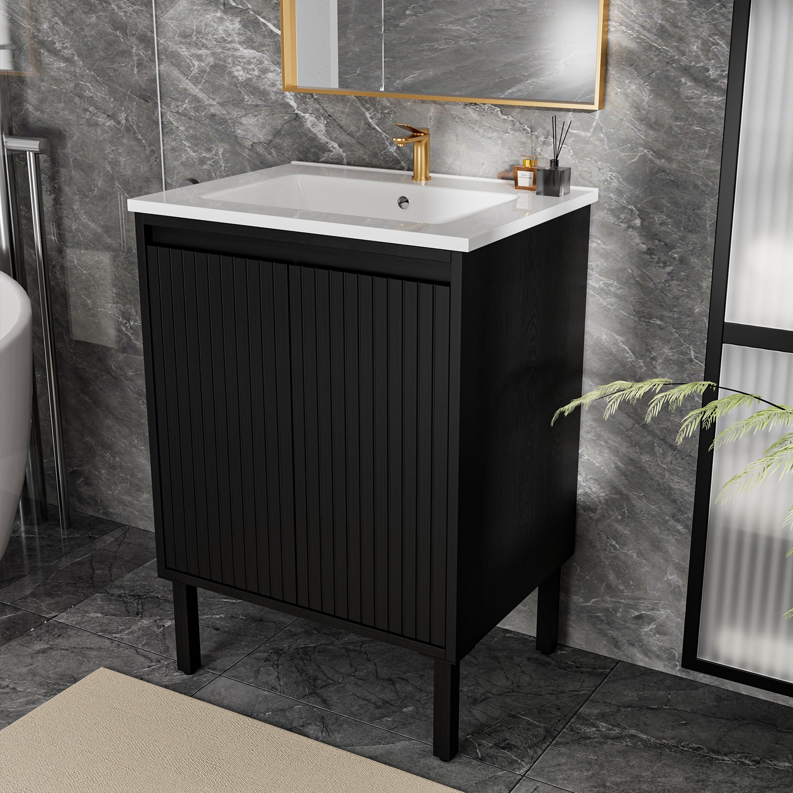 Bathroom Vanity w/Ceramic Sink,Modern Wood Storage Cabinet w/Soft Closing Door
