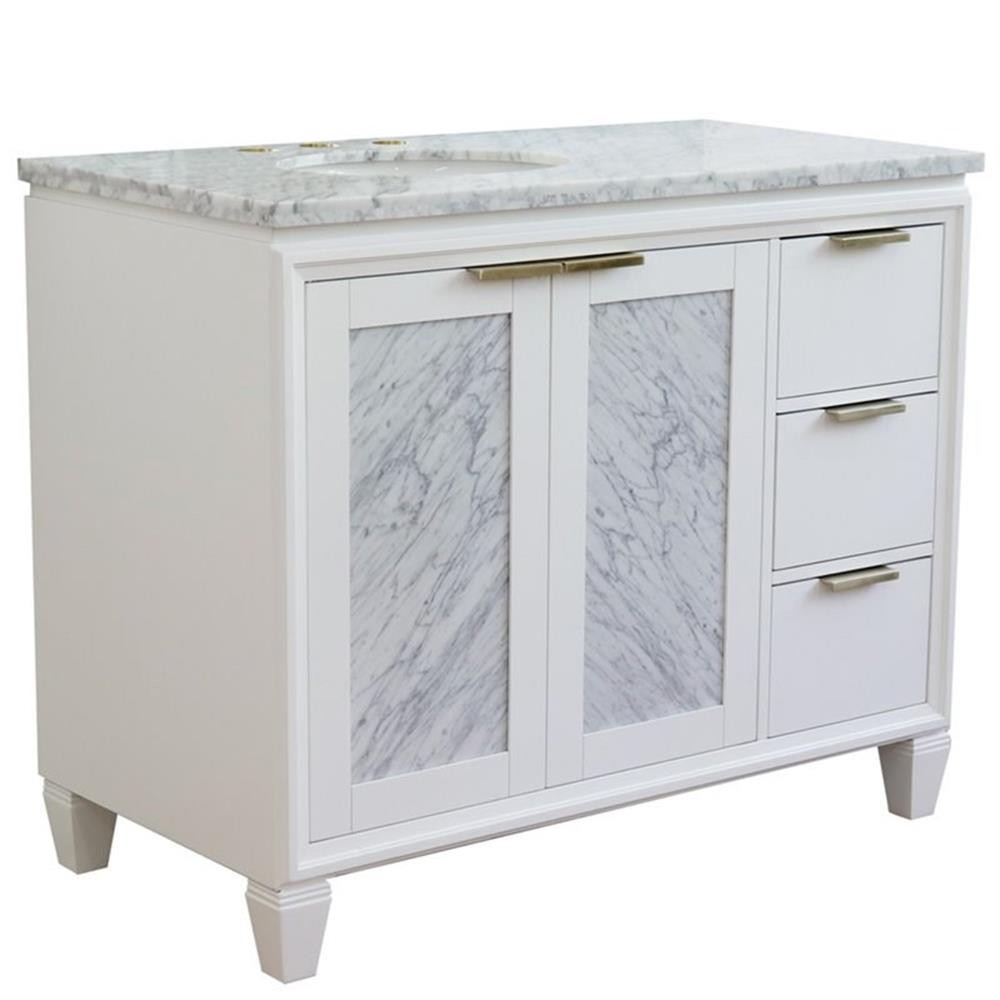 Pemberly Row Solid Wood Vanity with Left Oval Sink in White/White Carrara