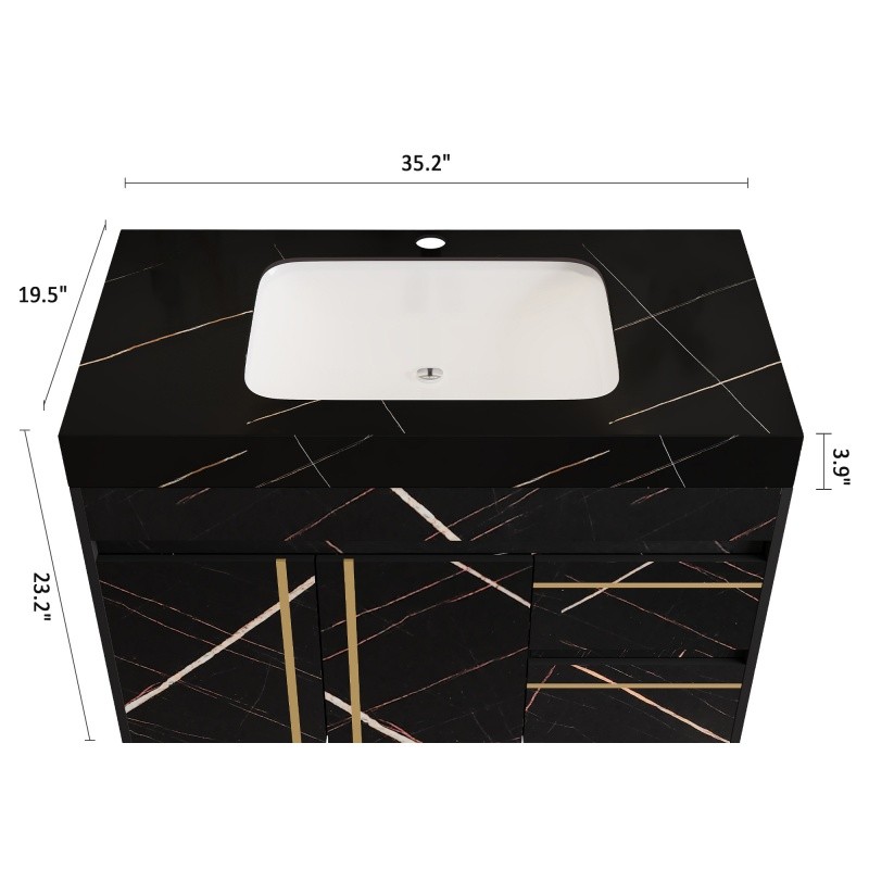 35.4in Bathroom Vanity w/Ceramic Sink Wall Mount Floating Cabinet for Small Room