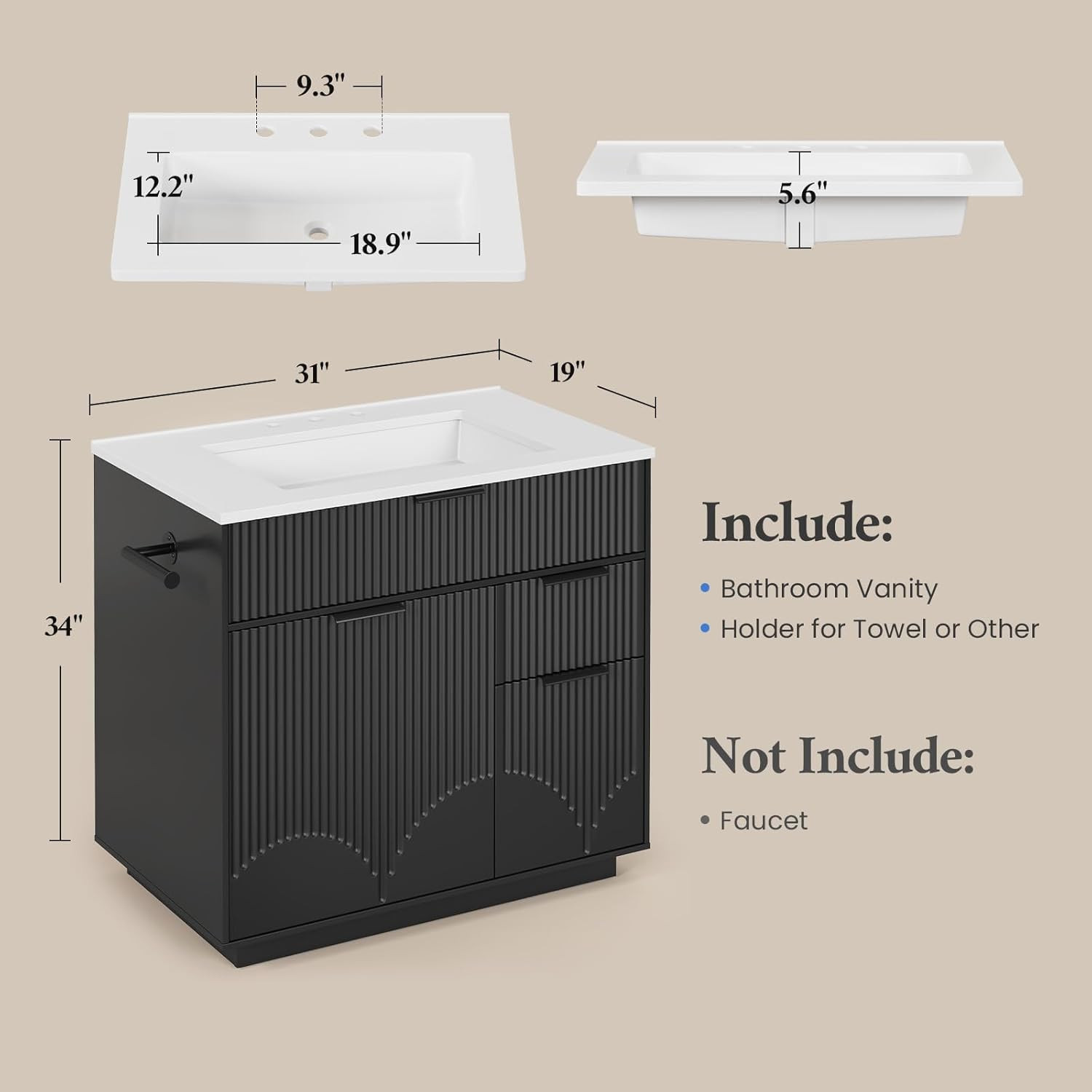 31″ Fluted Bathroom Vanity with Sink, Freestanding Bathroom Cabinet with Door St