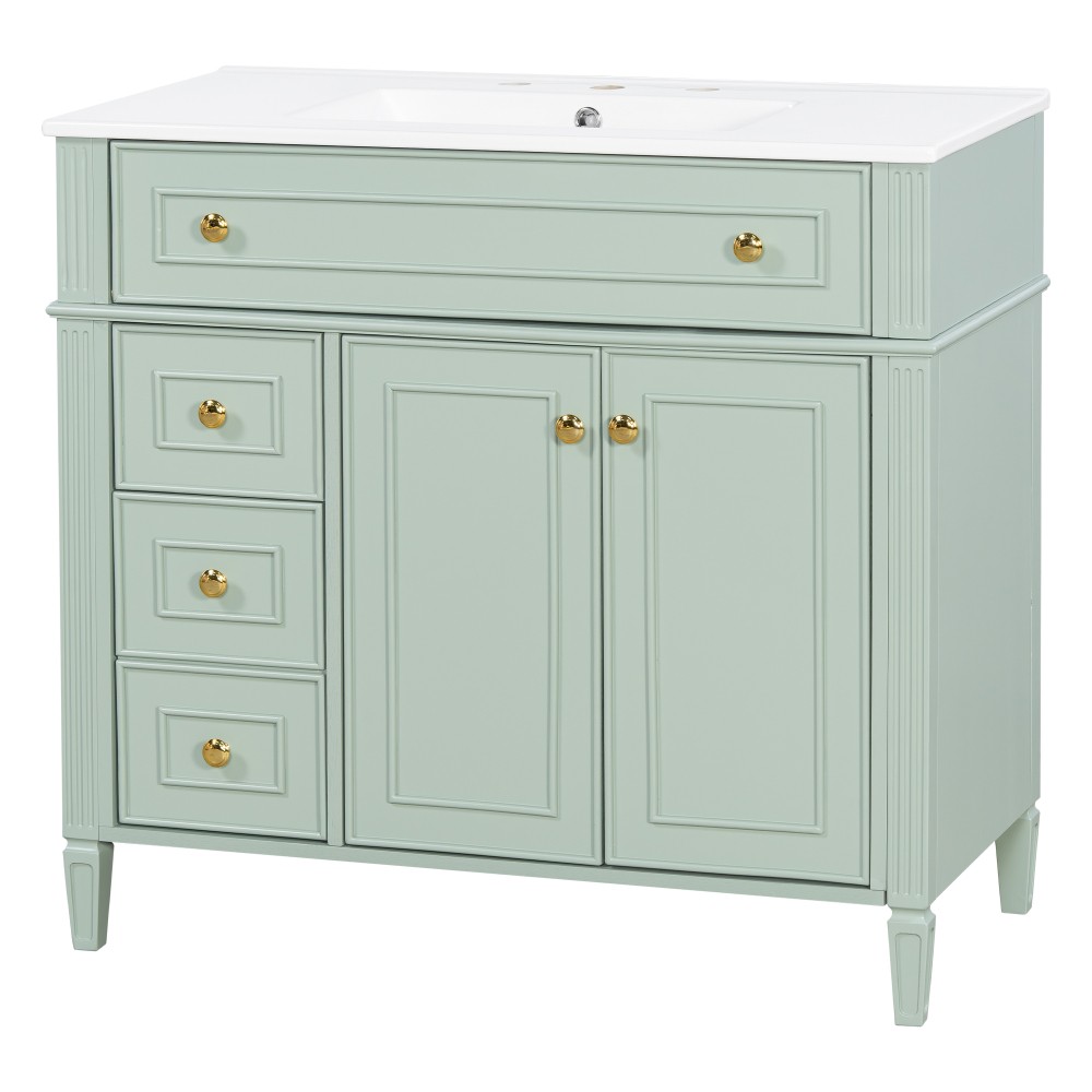 36 Inch Bathroom Vanity with Sink, Green Solid Wood Cabinet with Flip-Out Drawer
