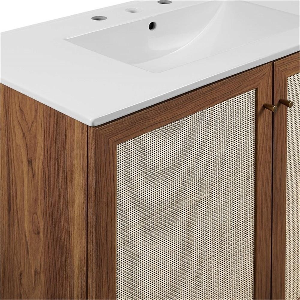 Pemberly Row 36″ Modern Wood Bathroom Vanity with Rattan Door in Walnut/White