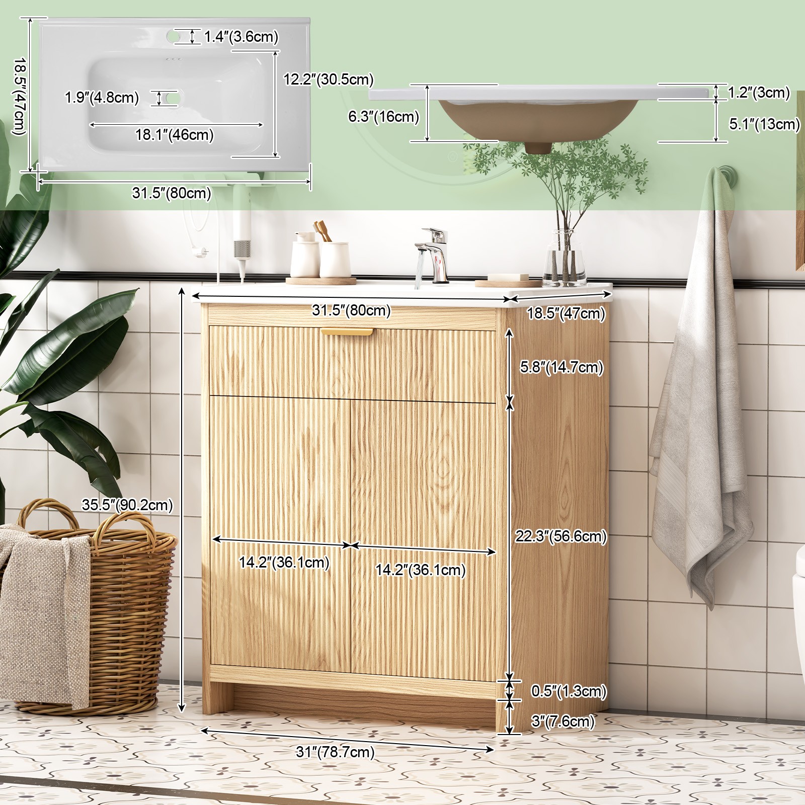 31″ Bathroom Vanity Cabinet Wooden with Top Ceramic Sink Combo Freestanding