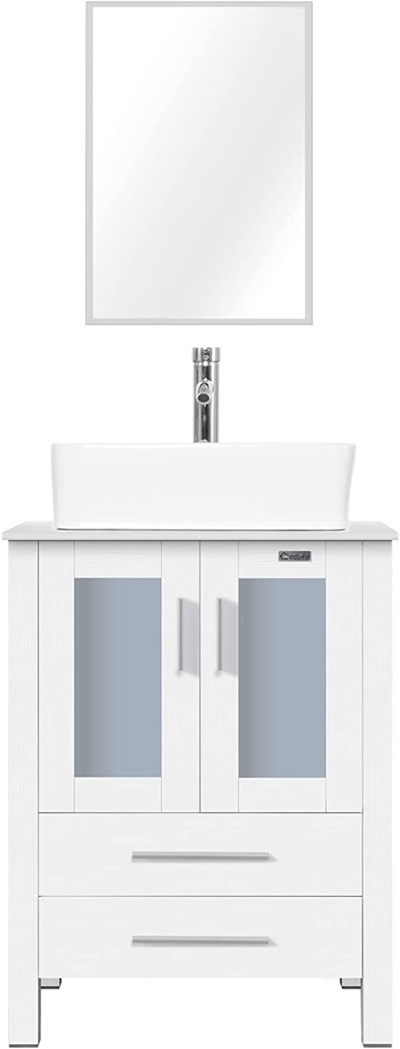24 In White Bathroom Vanity Cabinet Set Vessel Glass Sink Faucet Combo No Mirror