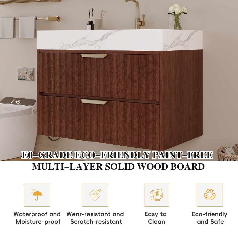30″ Walnut Wall Mount Floating Bathroom Vanity Sintered Stone Top Ceramic Sink