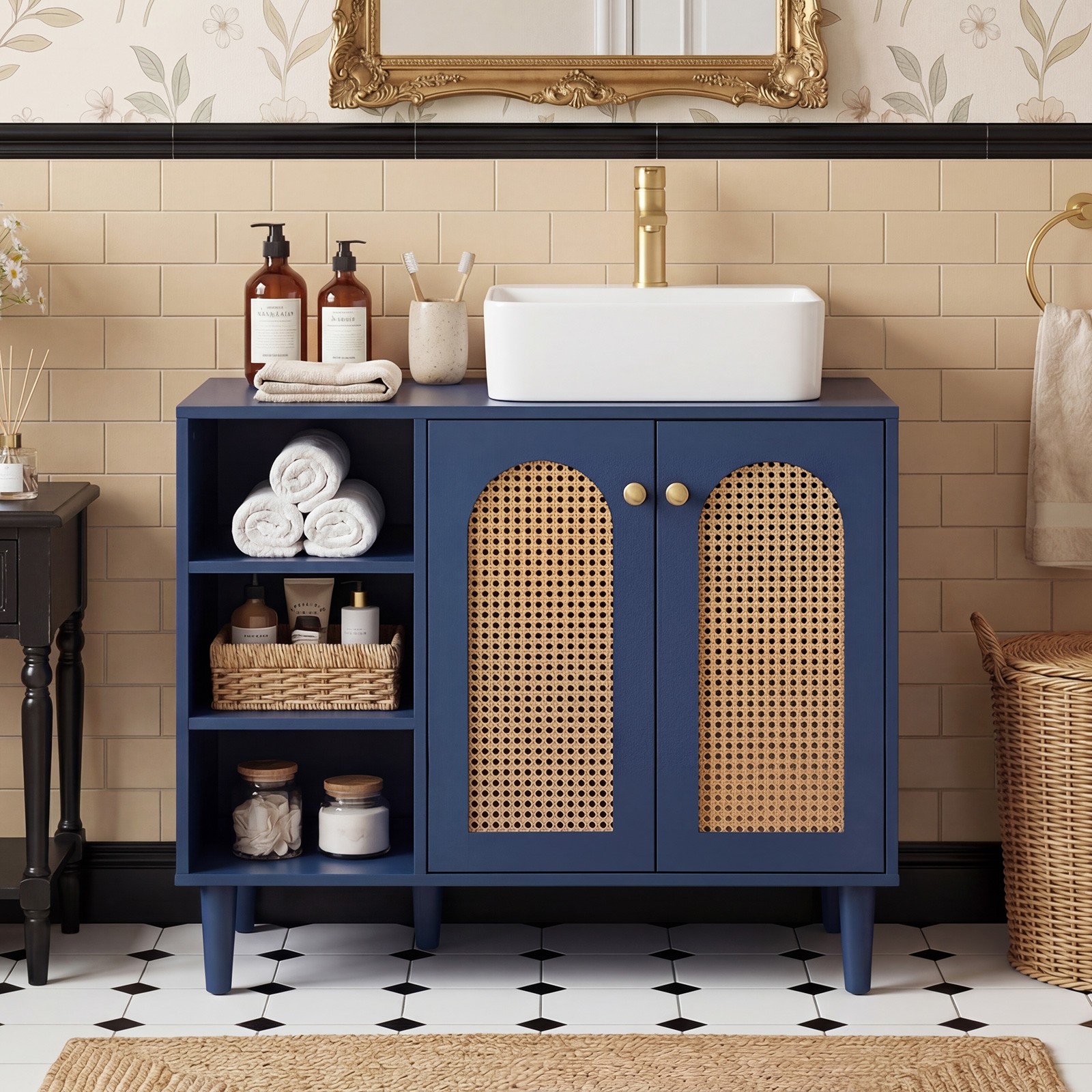 36” Under Sink Cabinet, Boho Sink Base Cabinet w/Rattan Doors, Rubber Wood Legs