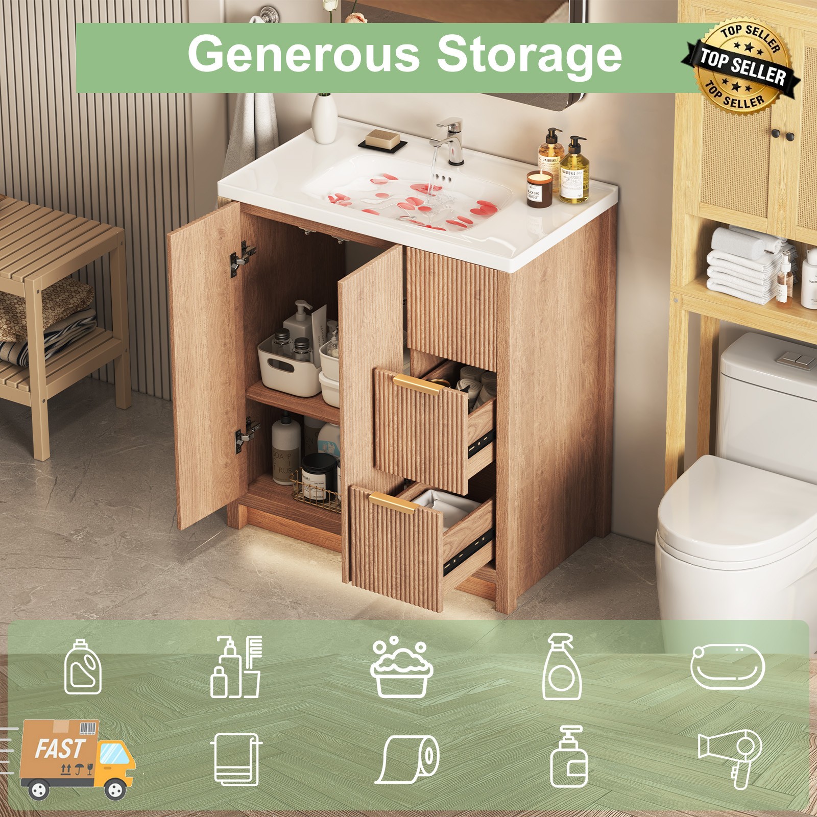 31 Inch Wooden Bathroom Vanity with Ceramic Sink Modern Bath Storage Cabinet