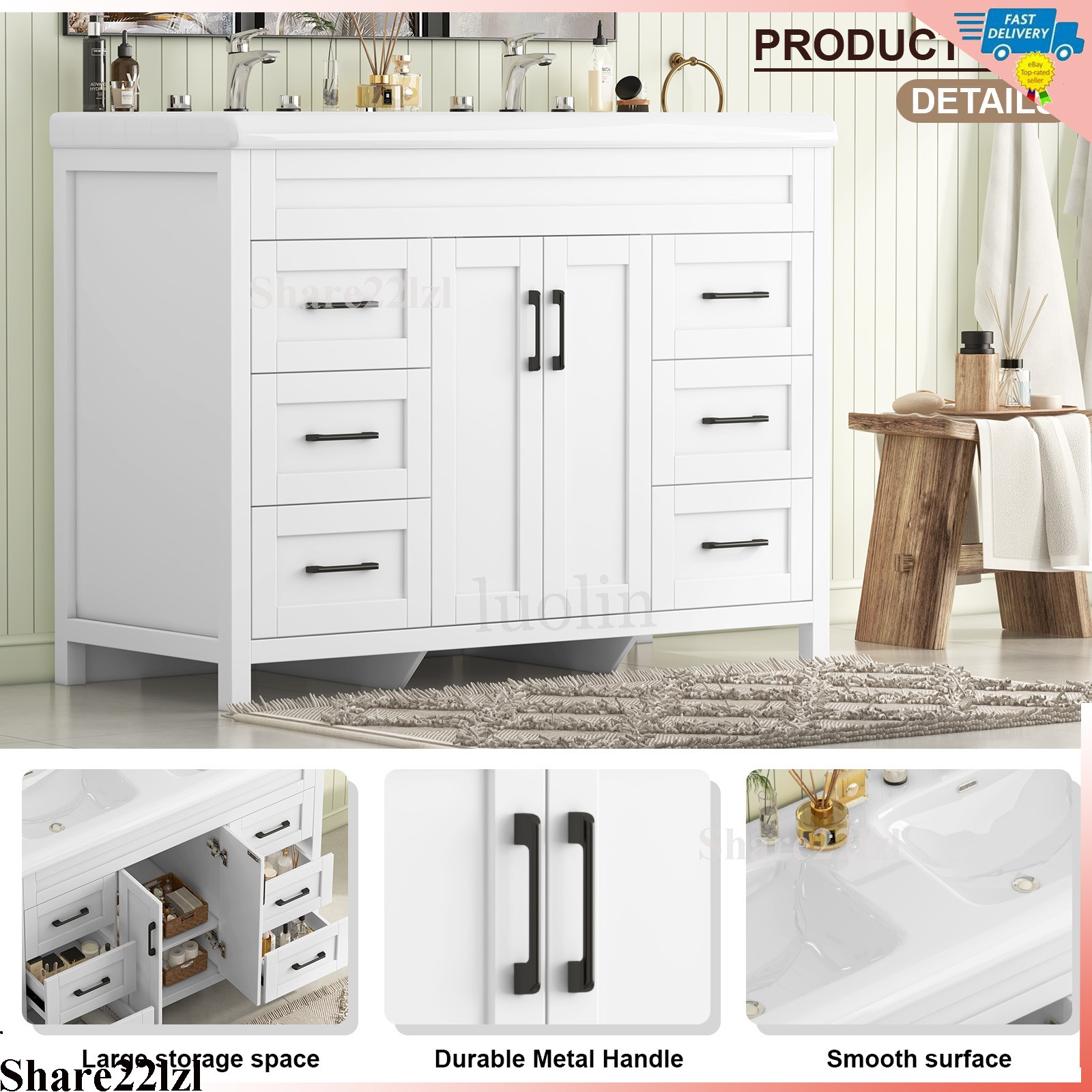 47″ Bathroom Vanity w/Double Ceramic Sink, Freestanding Vanity Cabinet Storage