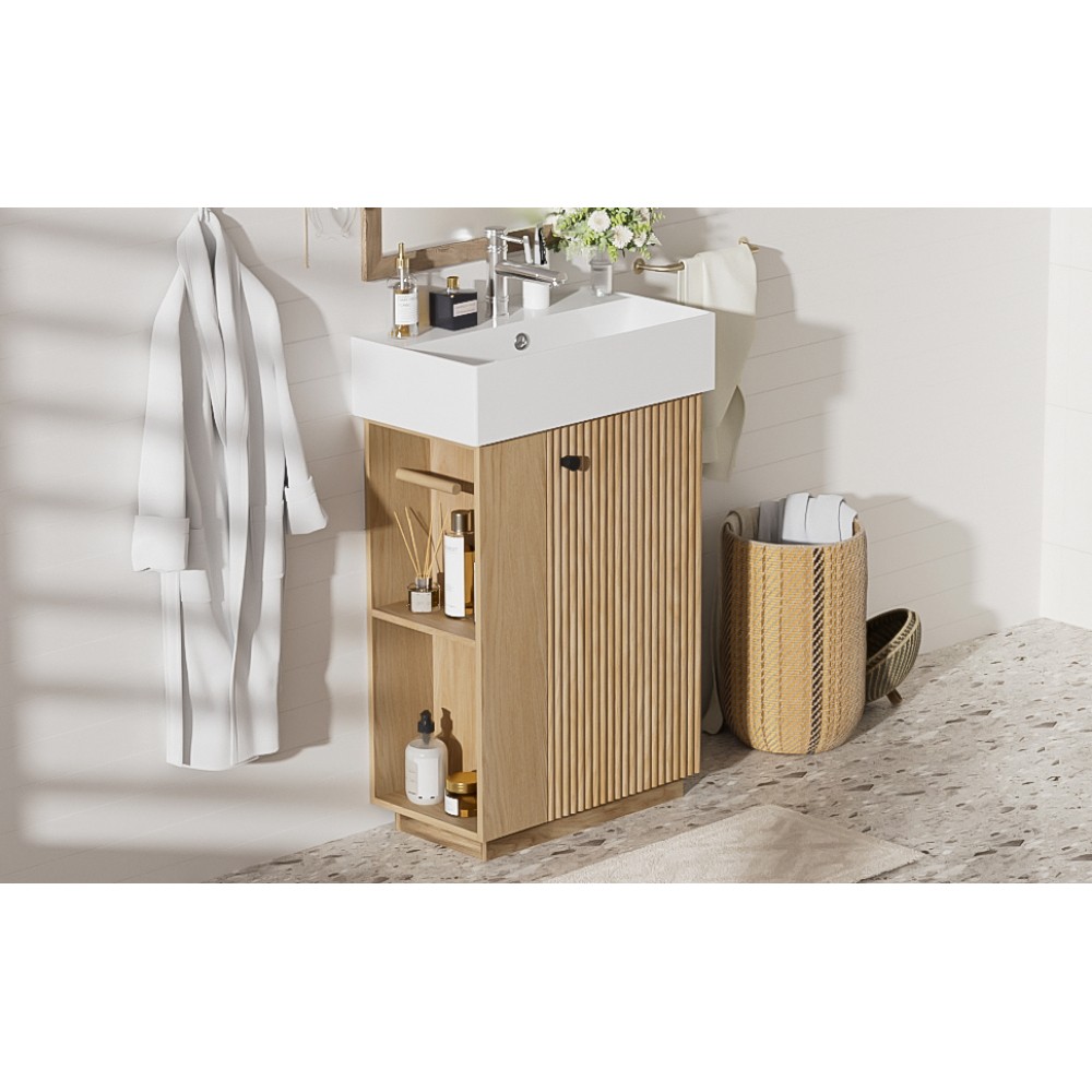 21.6″ Freestanding Bathroom Vanity w/Ceramic Sink, Wood Grain Cabinet,Storage