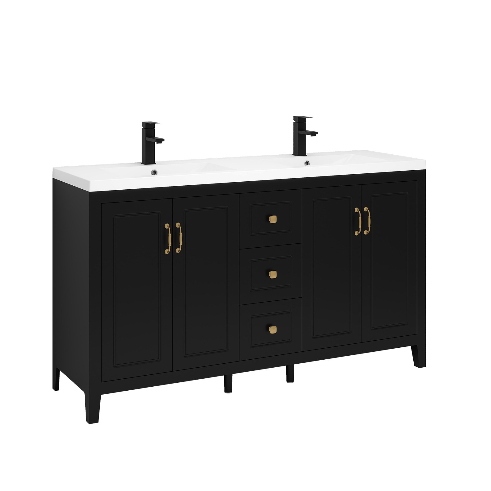 60″ Freestanding Bathroom Vanity Soft-Close 4 Doors 3 Drawers with Faucet Black
