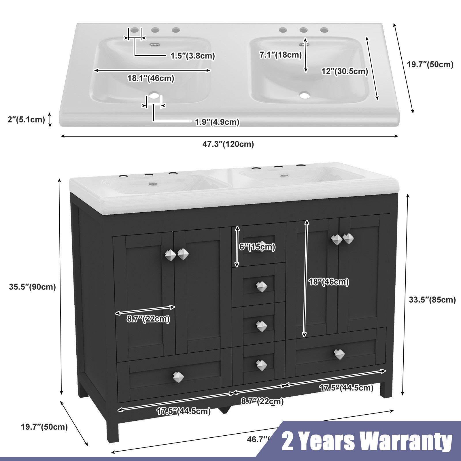 Bathroom Vanity Freestanding Double Basin Ceramic Sink Vanity Cabinet Drawers