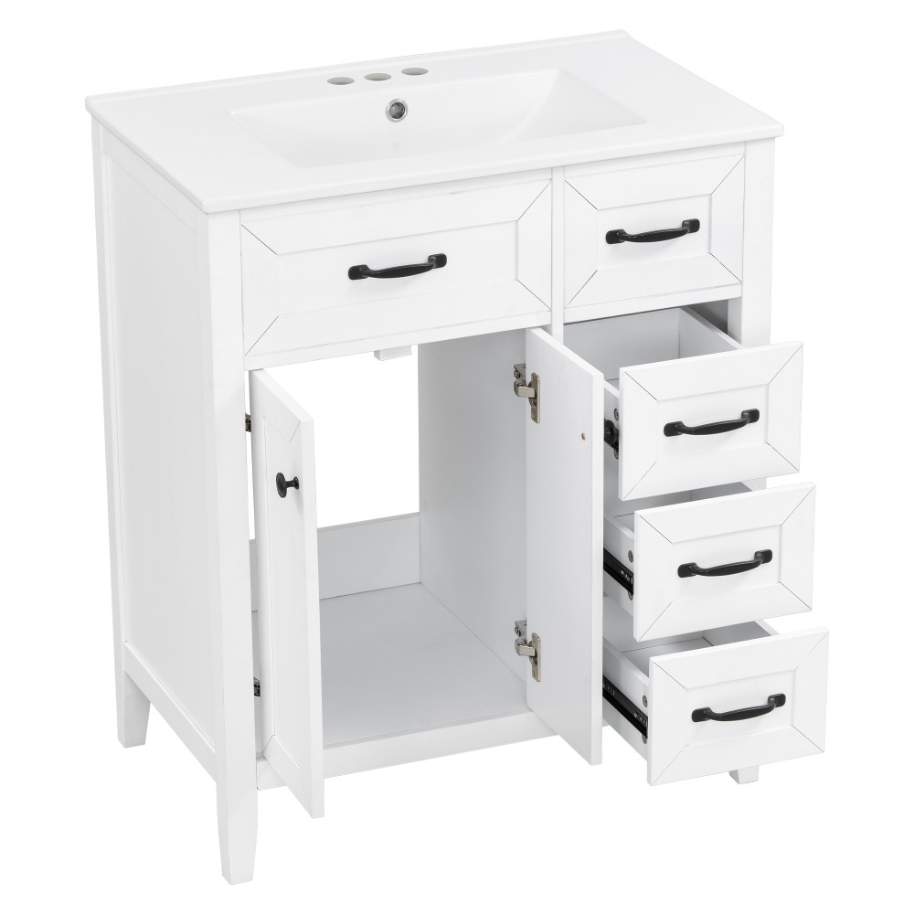 30″ White Bathroom Vanity with Ceramic Sink Freestanding Vanity with Black Metal