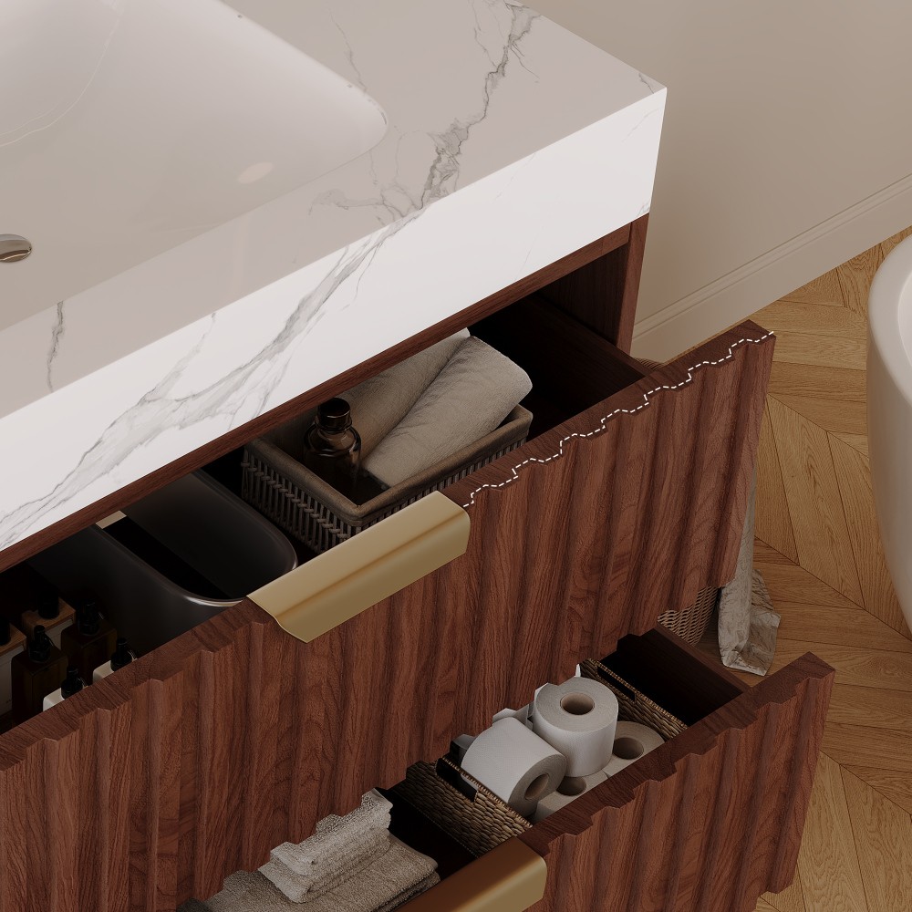30″ Walnut Wall Mount Floating Bathroom Vanity Sintered Stone Top Ceramic Sink