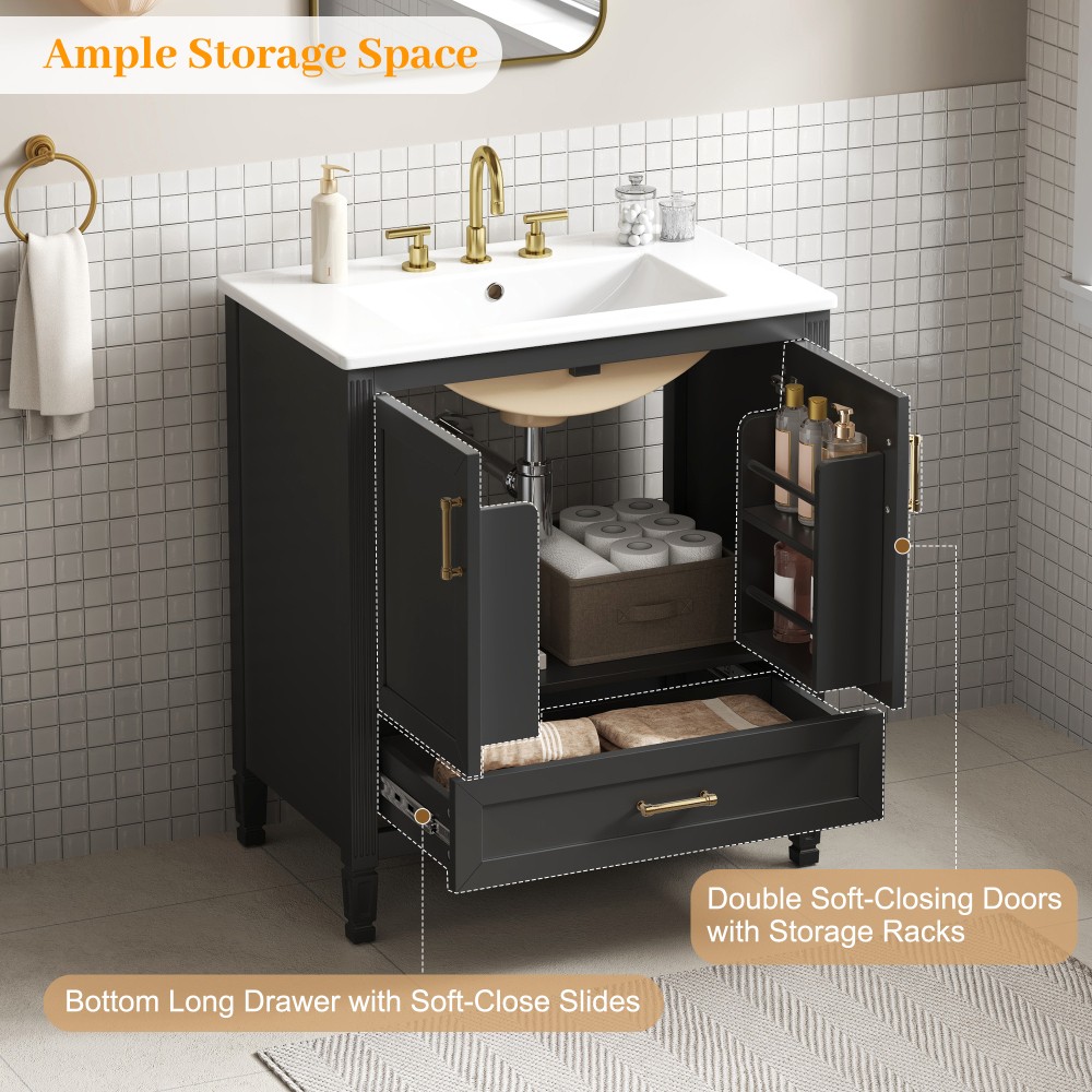 30 Inch Fluted Black Bathroom Vanity with Ceramic Sink Soft-Close Doors Drawer