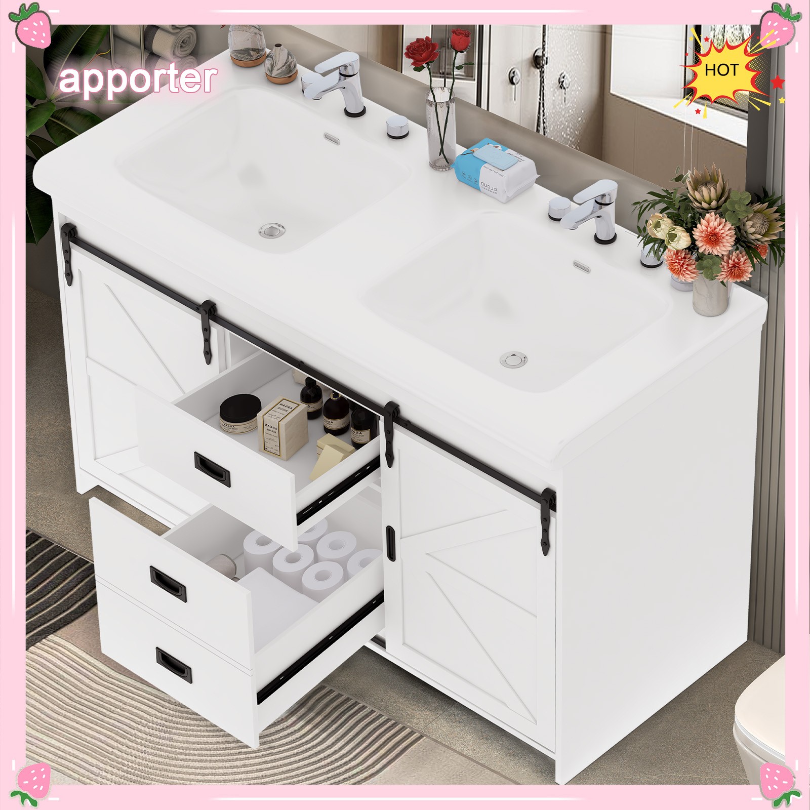 Yamissi Double Bathroom Vanity Cabinet Ceramic Sink with Sliding Doors 2 Drawers