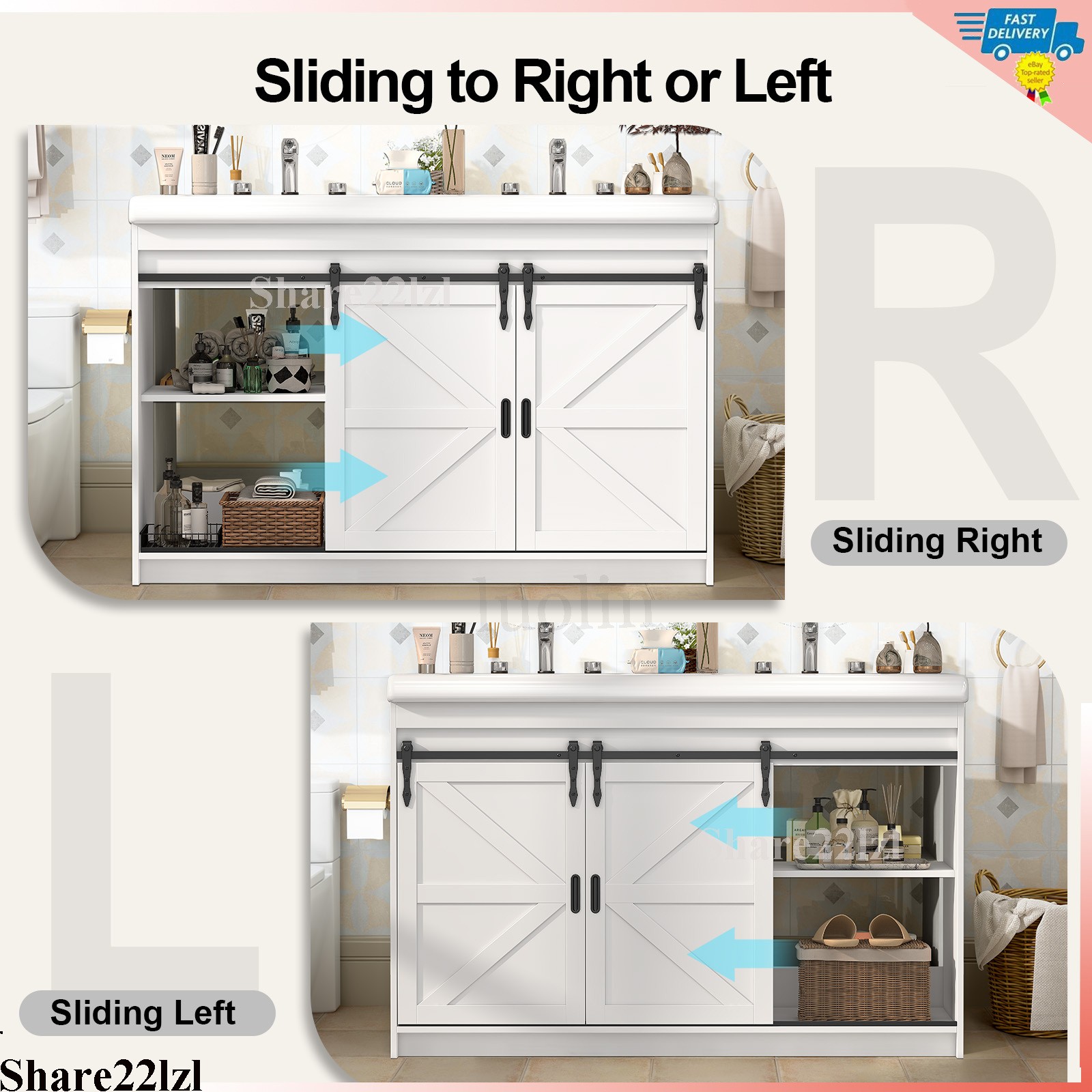 47 inch Double Sink Bathroom Vanity Cabinet Ceramic Vessel Sink w/ Sliding Doors