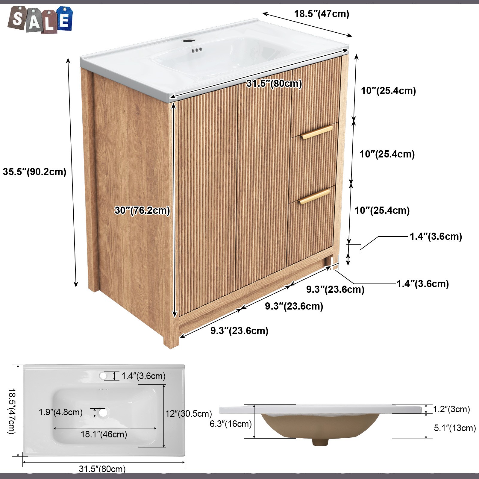 31 Inch Vanity Wood Bathroom Vanity Cabinet W/ Countertop Ceramic Sinkl