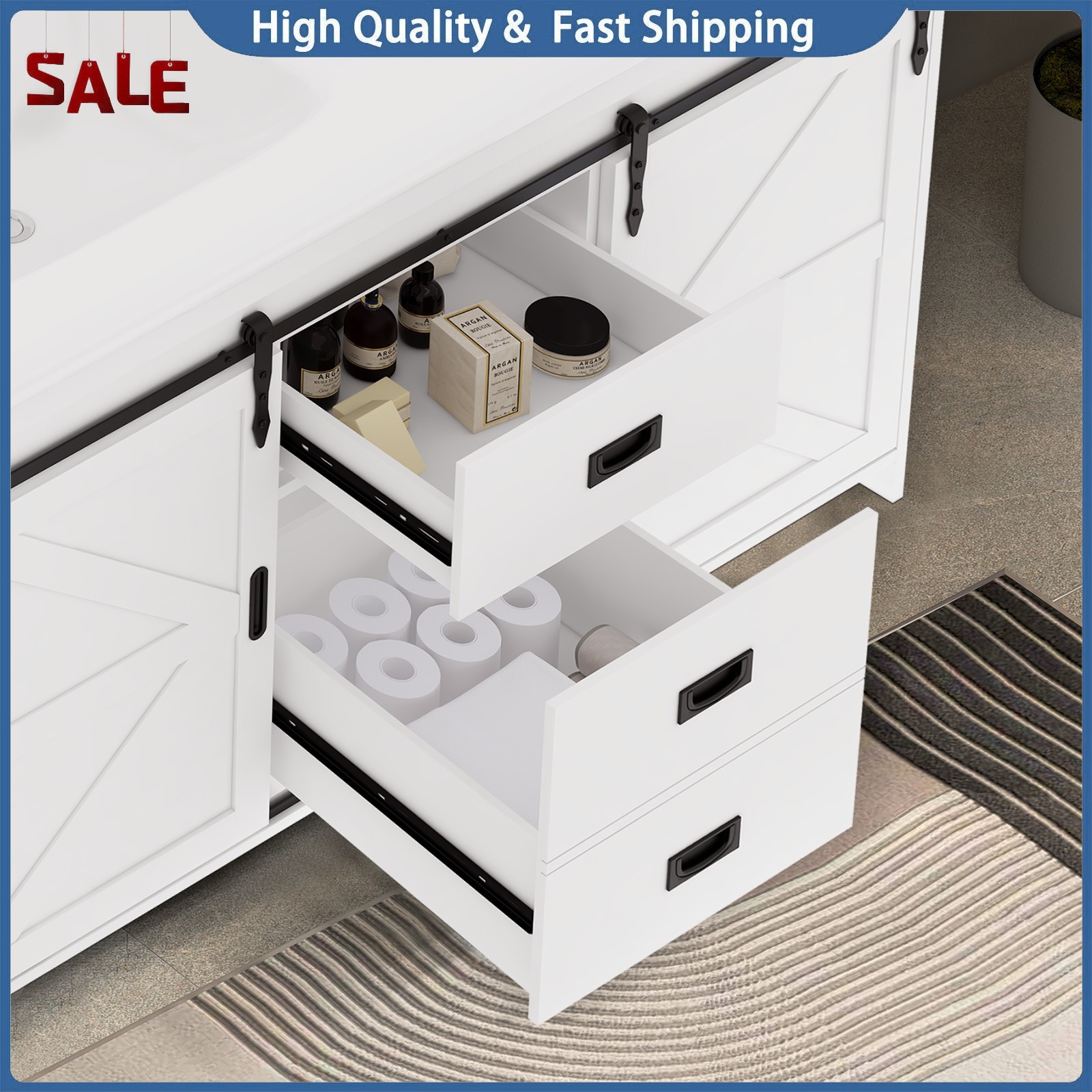 47” Bathroom Vanity with Double Sink Freestanding Bathroom Vanity w/ 2 Drawers