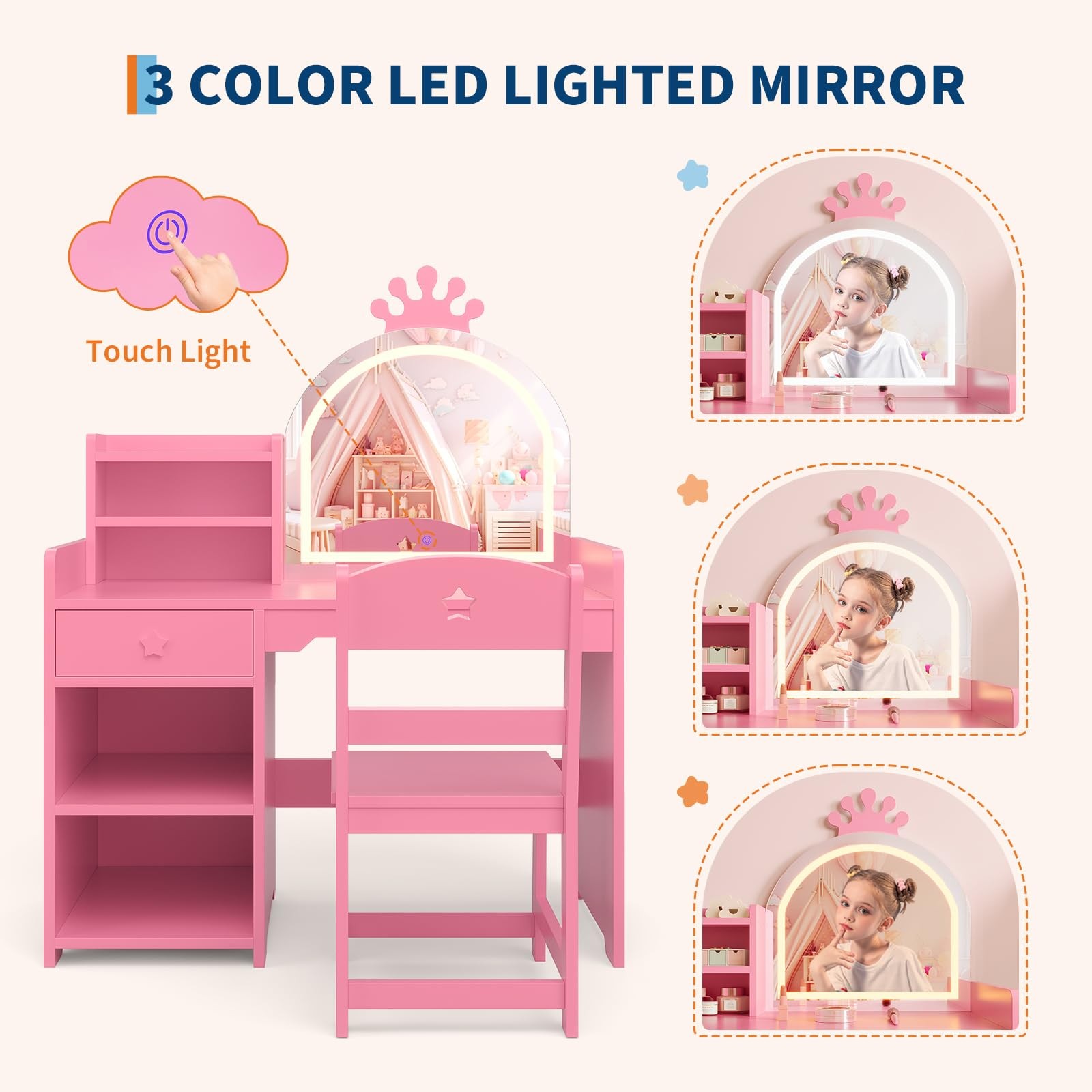 Kids Vanity with Lights 2-in-1 Princess Makeup Table Chair Set Bookshelf Pink