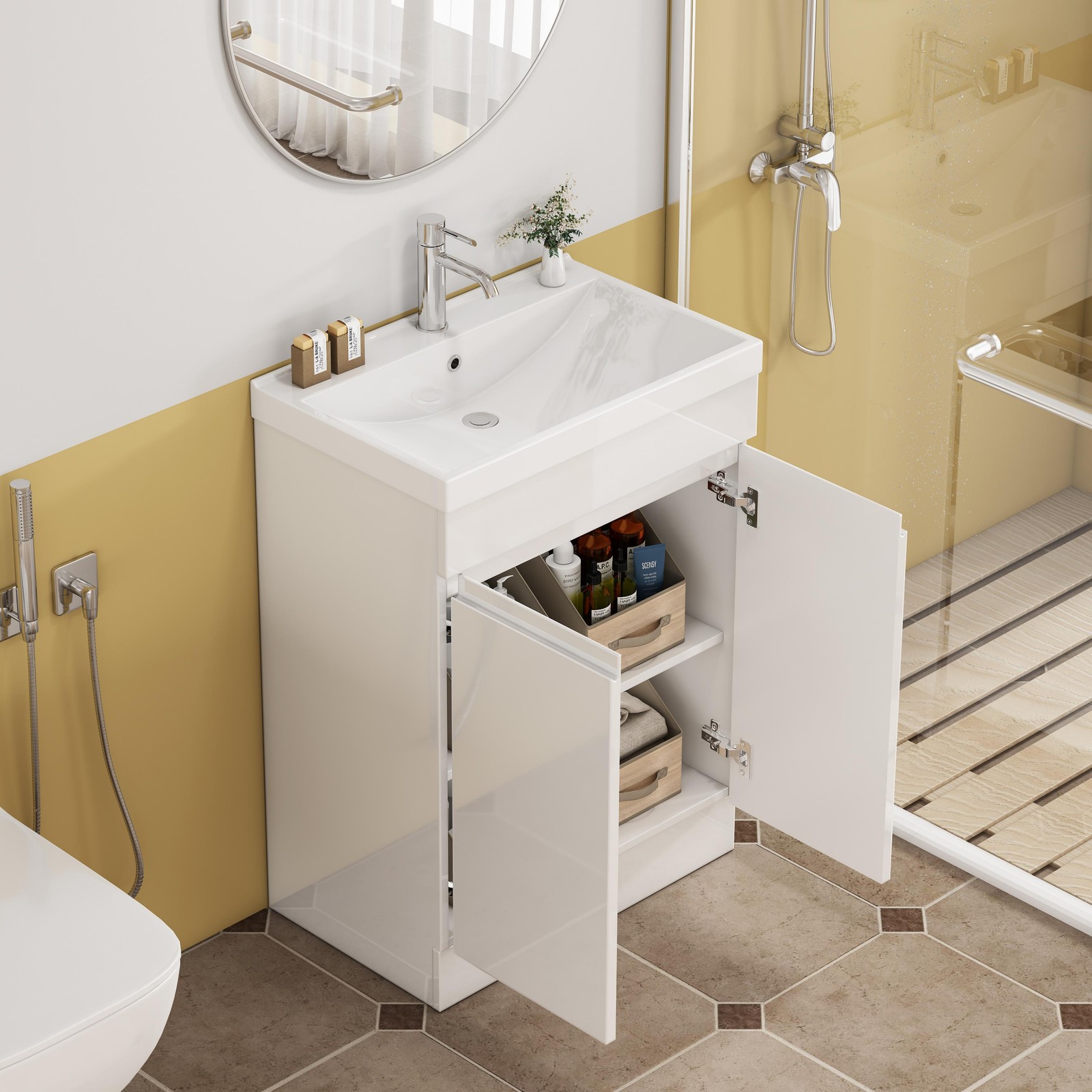 24″ Bathroom Vanity With Sink Combo,2 Doors Bathroom Cabinet, With Shelf White