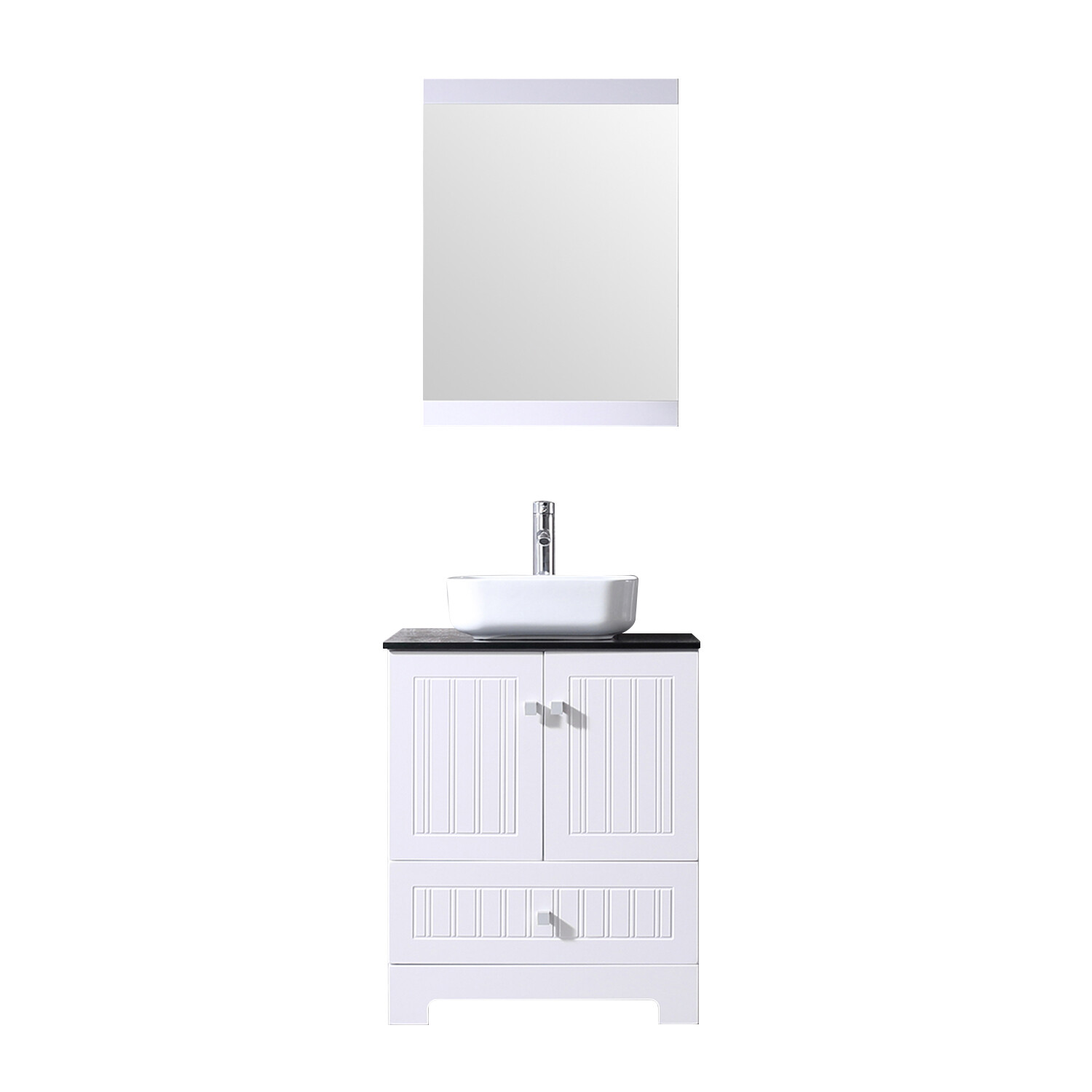 24″ Bathroom Single Vanity PVC Cabinet Basin Ceramic Sink Faucet w/ Mirror Set