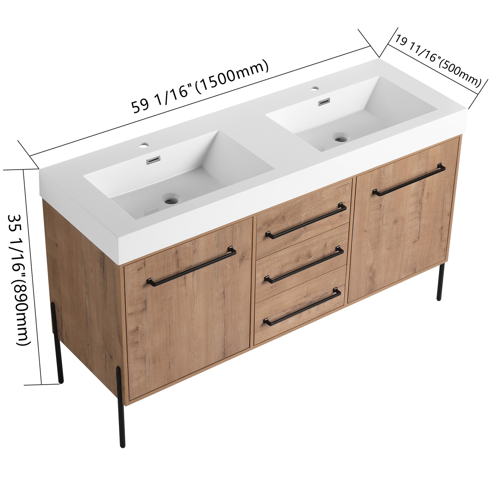 60 in Freestanding Bathroom Vanity White Double Resin Sink 2 Doors 3 Drawers