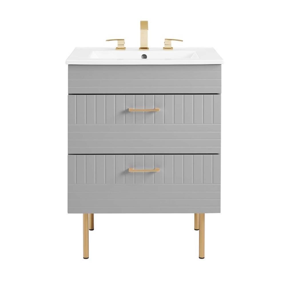 Modway Daybreak 24″ Modern Wood/Ceramic Bathroom Vanity with Gold Legs in Gray