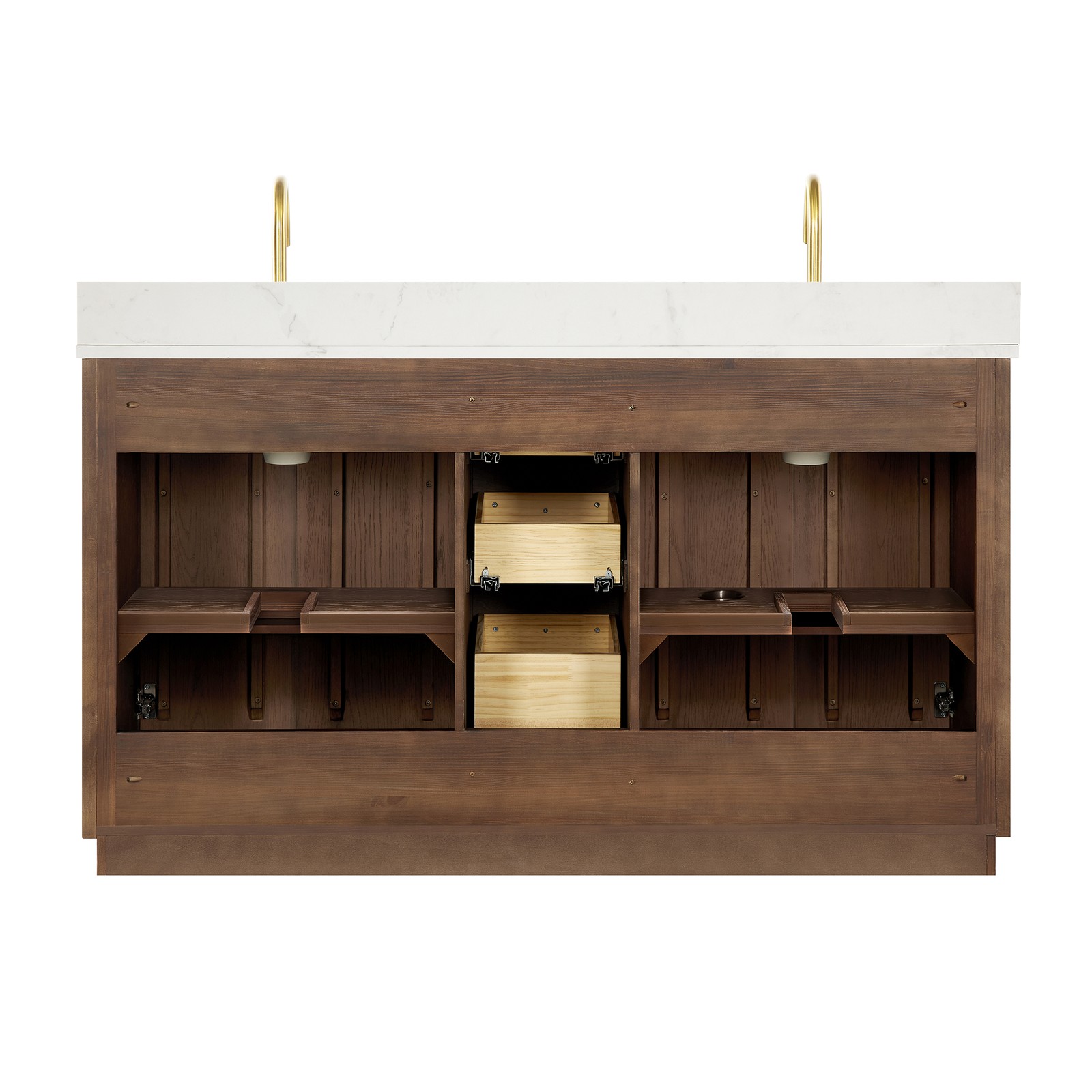 Oza 60M”Double Bath Vanity in Aged Dark Brown Oak with Fish Maw White Quartz Top