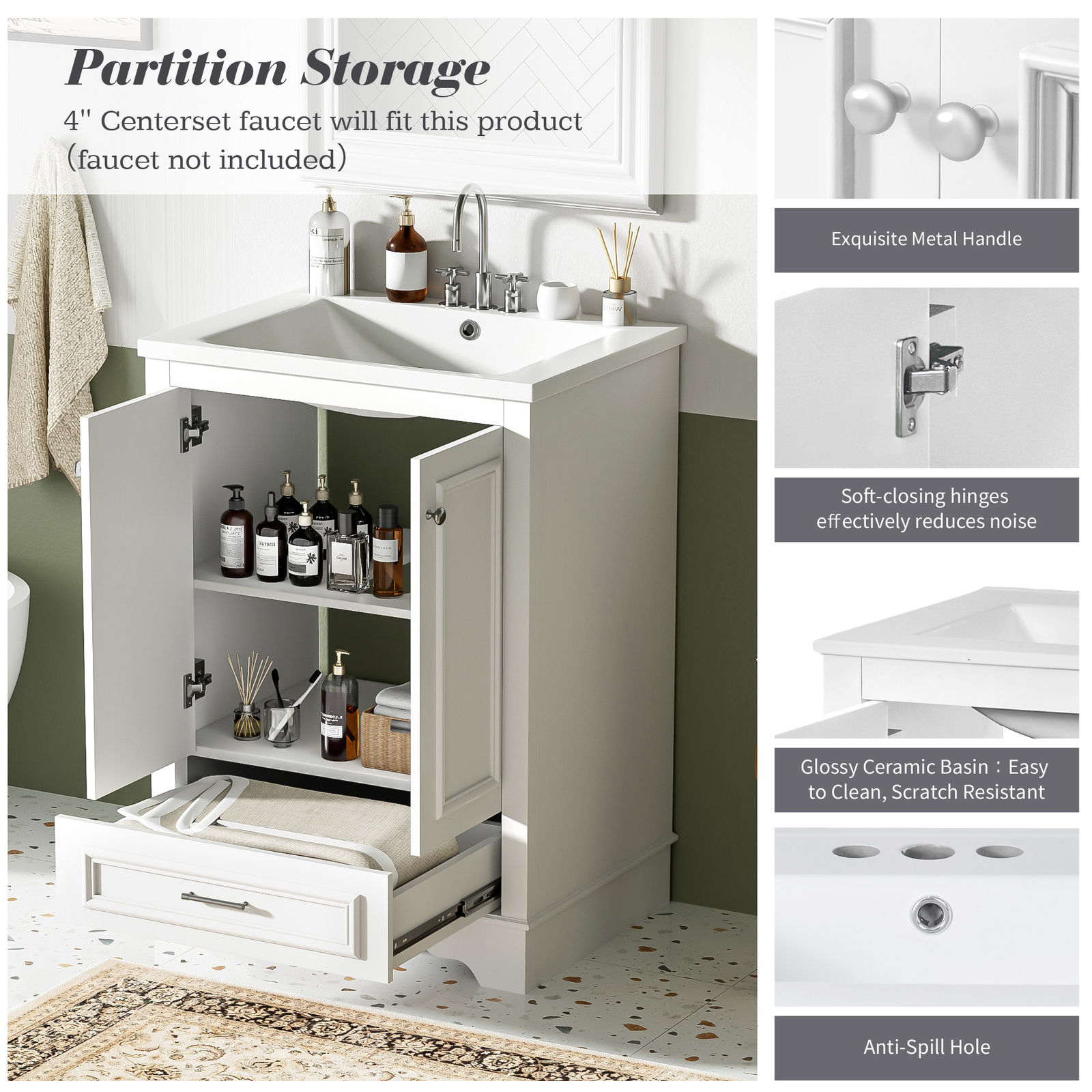 24” Bathroom Vanity w/Ceramic Sink Combo, Modern Freestanding Storage Cabinet