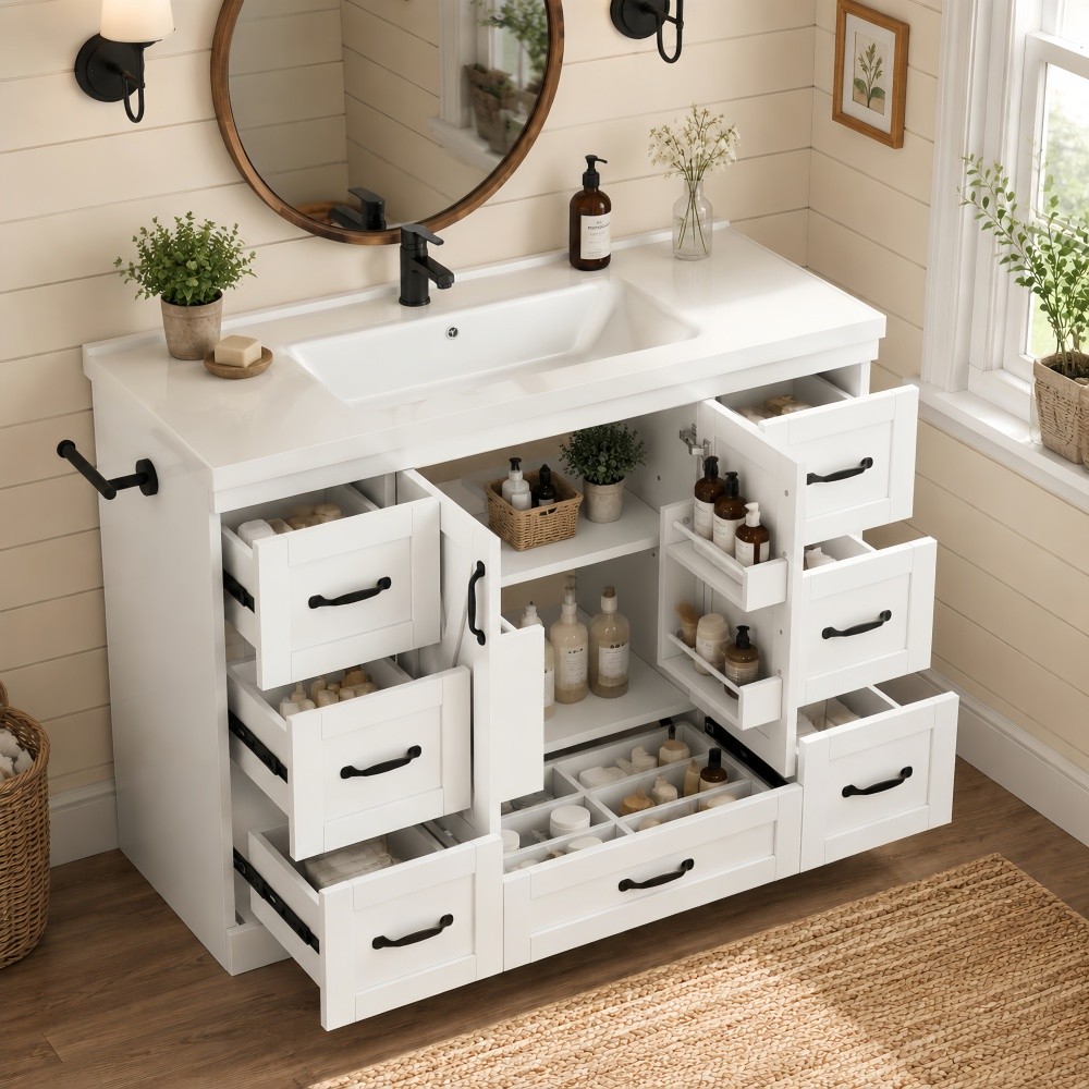48in Bathroom Vanity W/Sink Ceramic Top Backsplash 6 Drawers Towel Bar Storage
