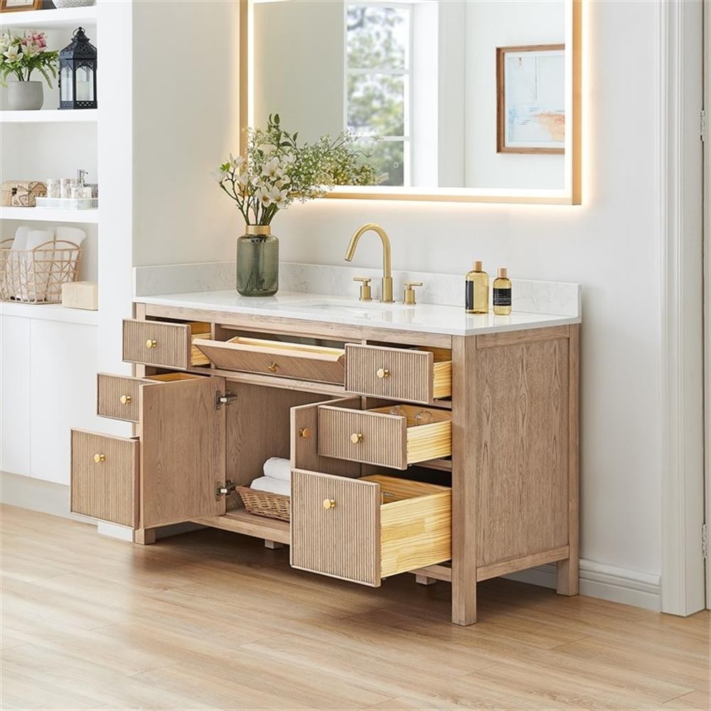 Pemberly Row 60″ Single Wood Vanity in Nature Oak Engineered Stone Top no Mirror