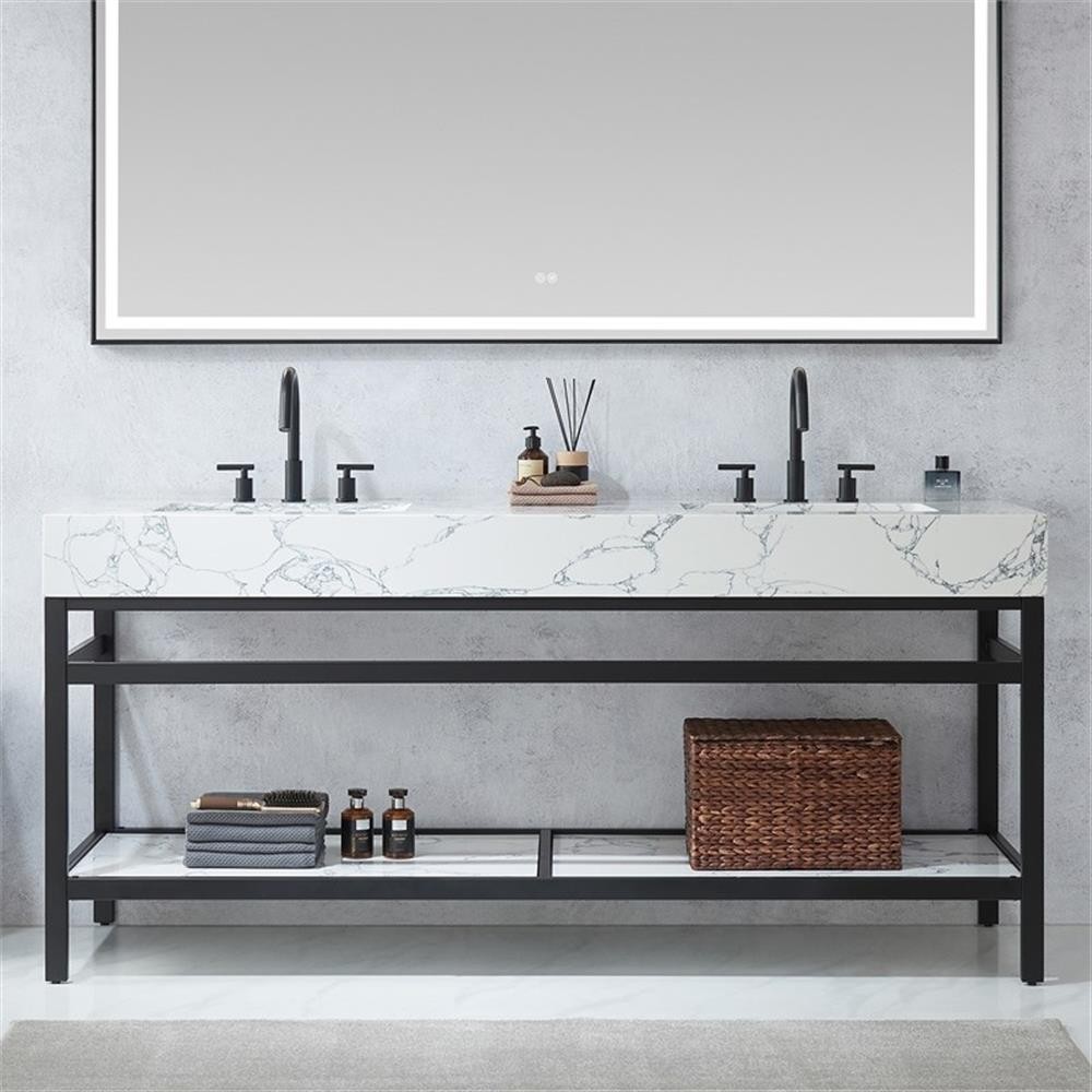Ecija 72″ Matte Black Metal Vanity with Pandora White Composite Top and Mirror