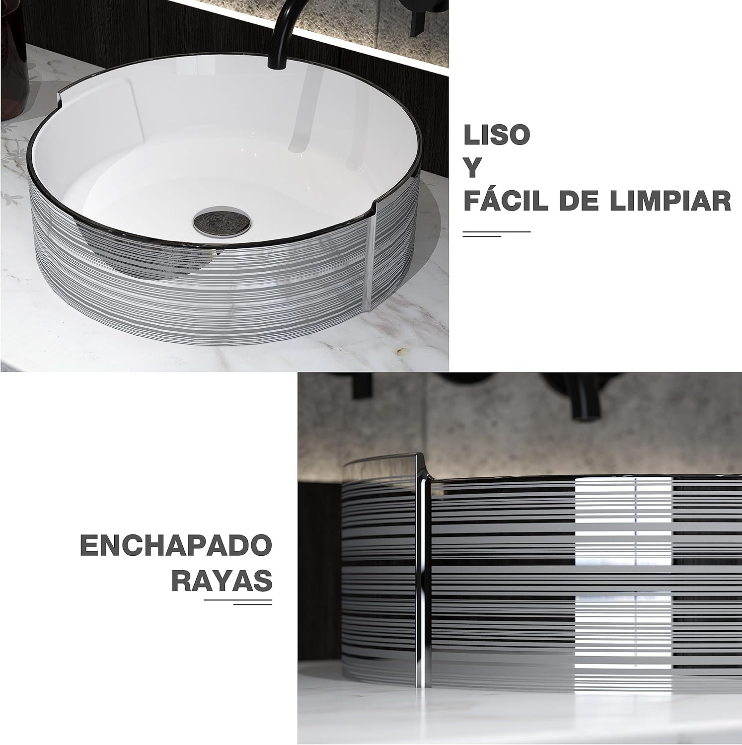 Elegant 16.75″ Silver Stripe Round Art Basin Bathroom Vessel Sink with Drain