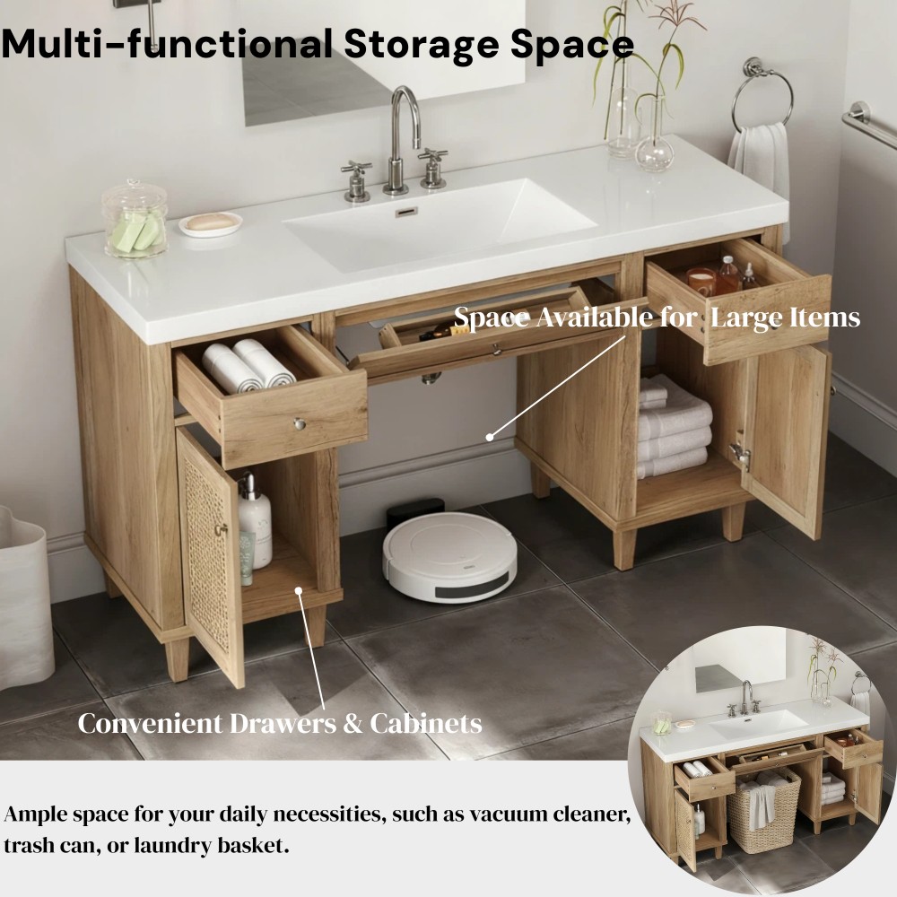 60 Inch Bathroom Vanity with SMC Sink, Modern Spacious Bathroom Storage Cabinet