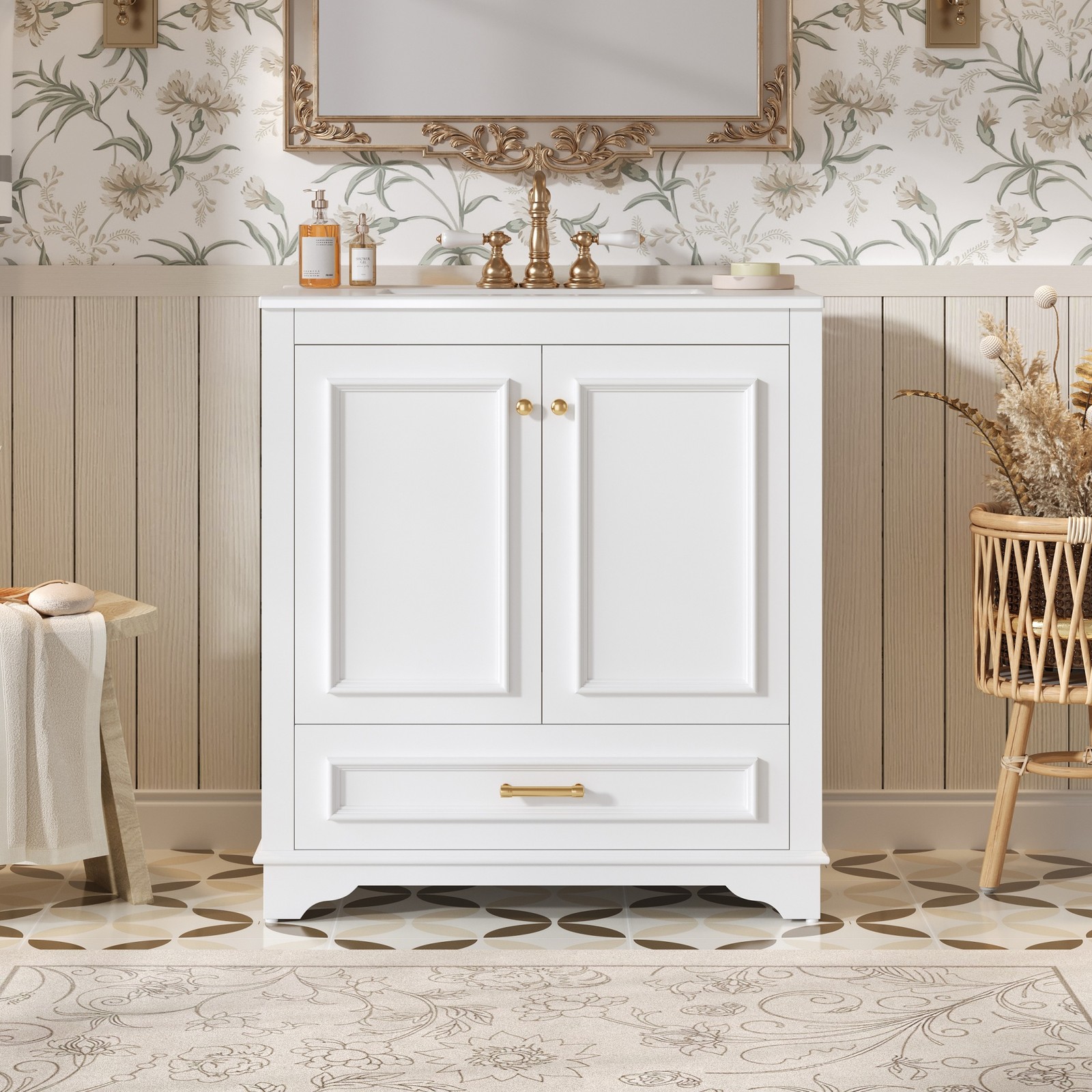 30″ Luxurious Bathroom Vanity w/Ceramic Sink, Solid Wood Frame Storage Cabinet