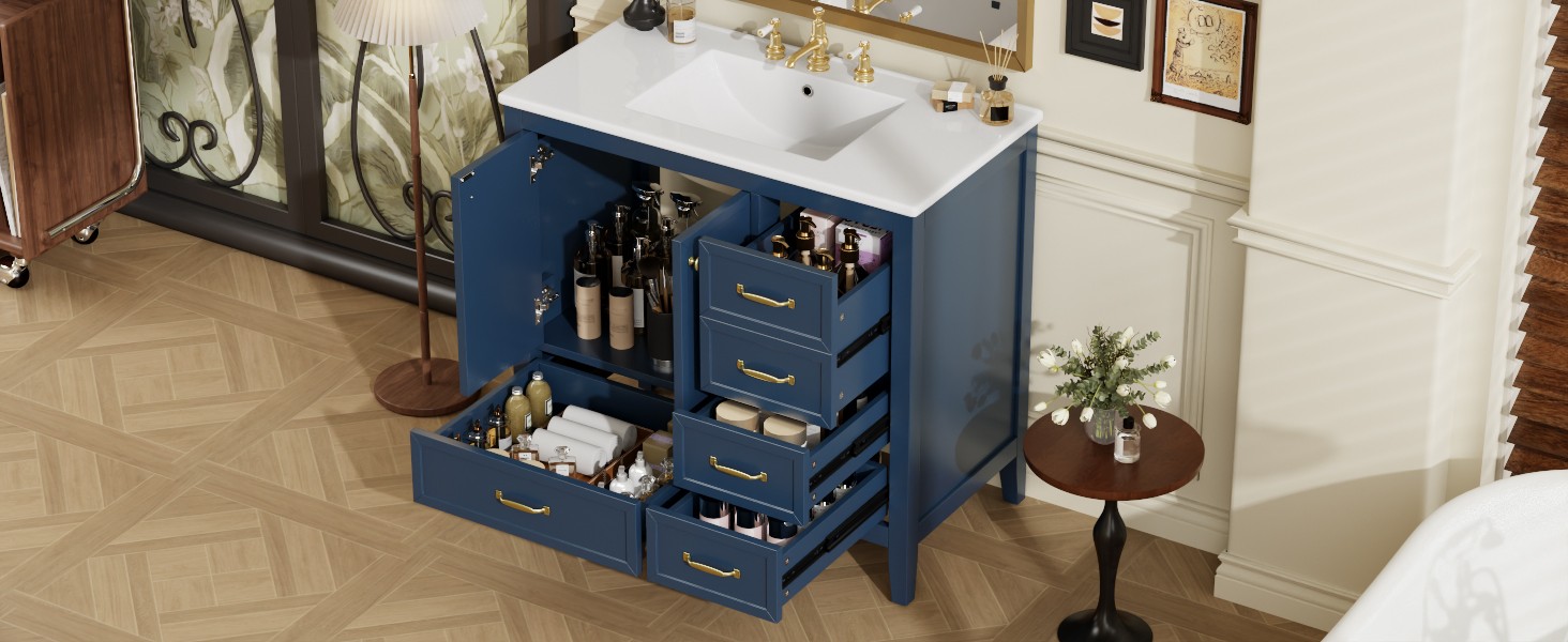 36″ Bathroom Vanity with Sink & Soft-Closing Doors, Blue
