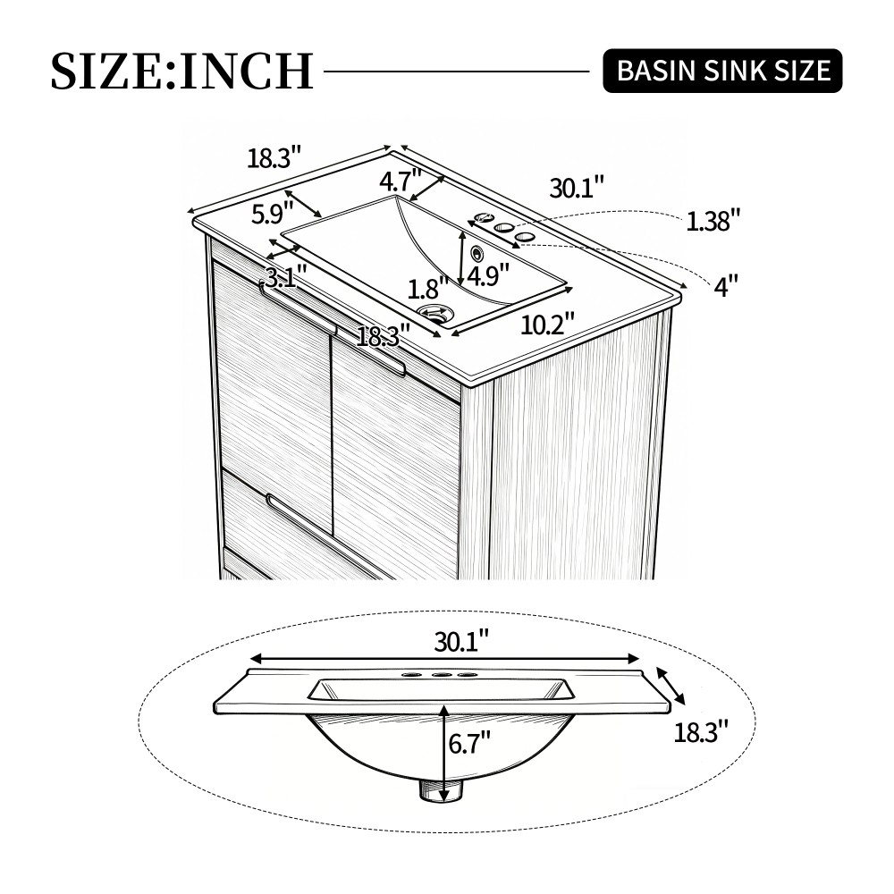 30″ Softened Modern Bathroom Vanity with Ceramic Sink, Natural Wood Grain